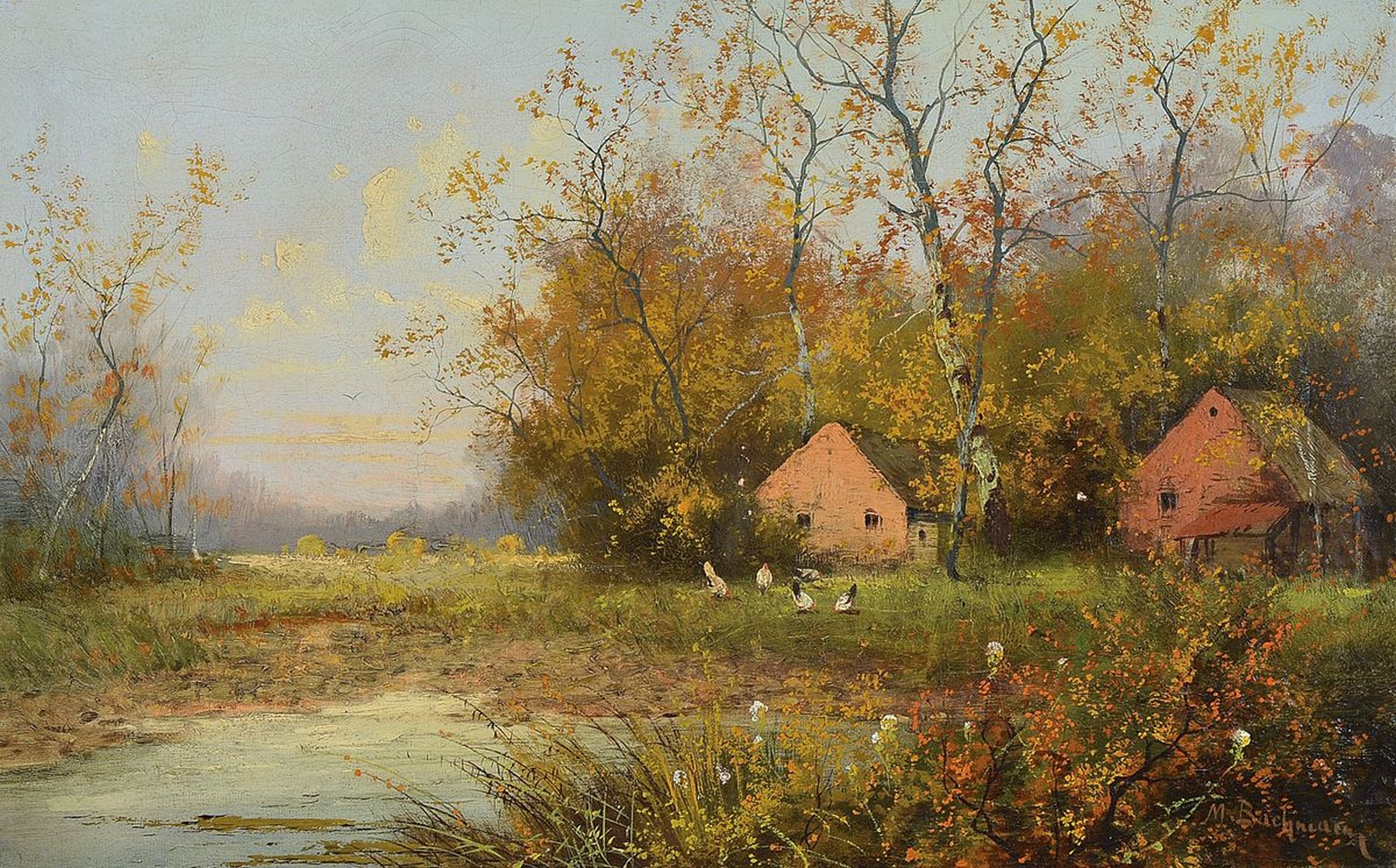 Minna Bachmann, erw. um 1860-1887, Landschaft mit Bauernhäusern am See, Öl/Lwd, rest., rechts unten signiert, ca. 42x62cm, aufwändiger ...