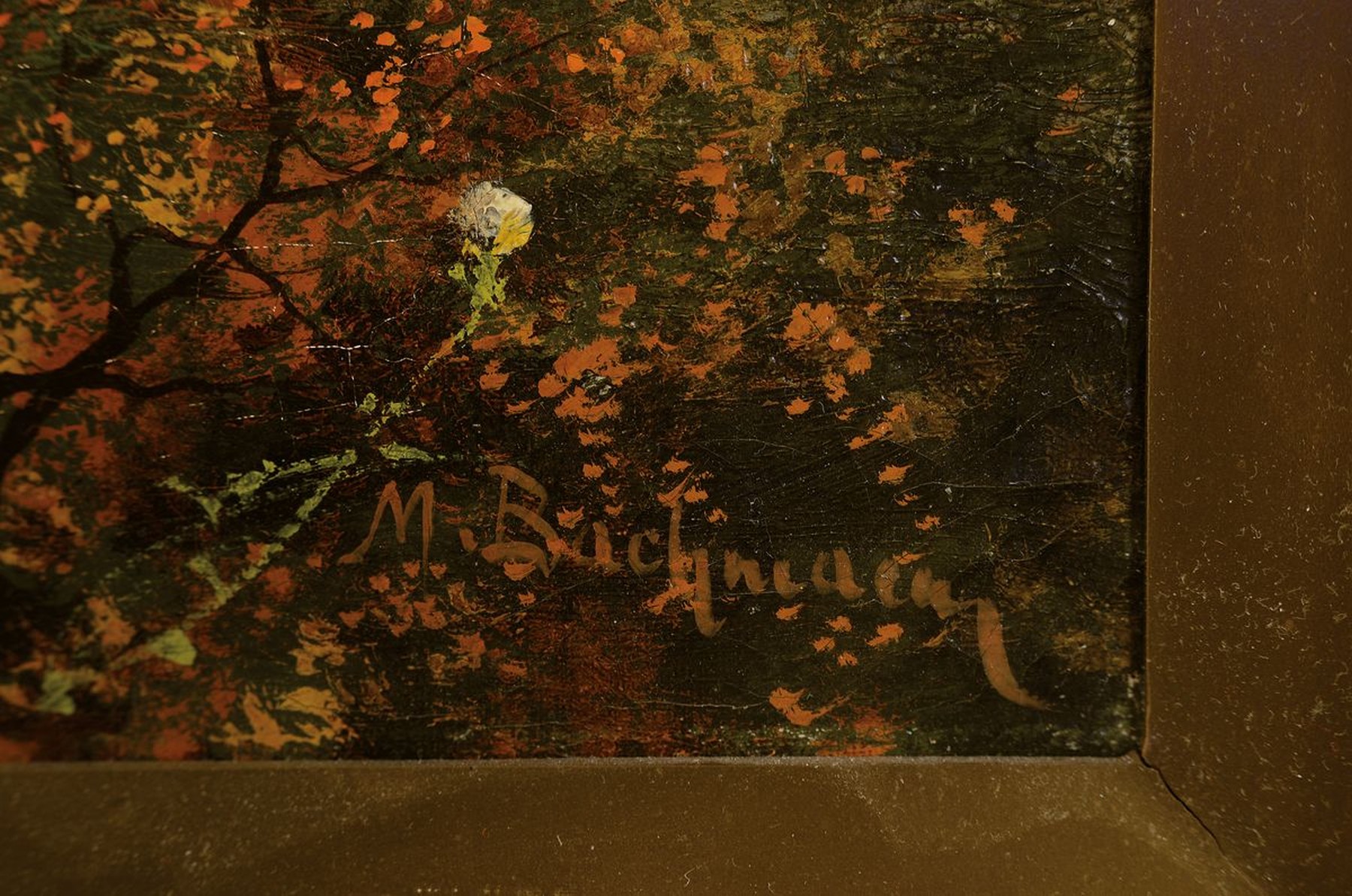Detail a: Minna Bachmann, erw. um 1860-1887, Landschaft mit Bauernhäusern am See, Öl/Lwd, rest., rechts unten signiert, ca. 42x62cm, aufwändiger ...