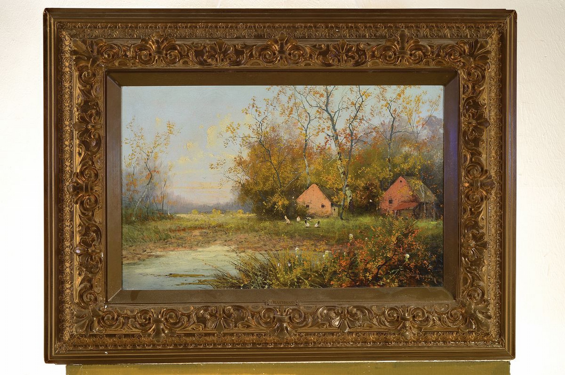 Detail k: Minna Bachmann, erw. um 1860-1887, Landschaft mit Bauernhäusern am See, Öl/Lwd, rest., rechts unten signiert, ca. 42x62cm, aufwändiger ...