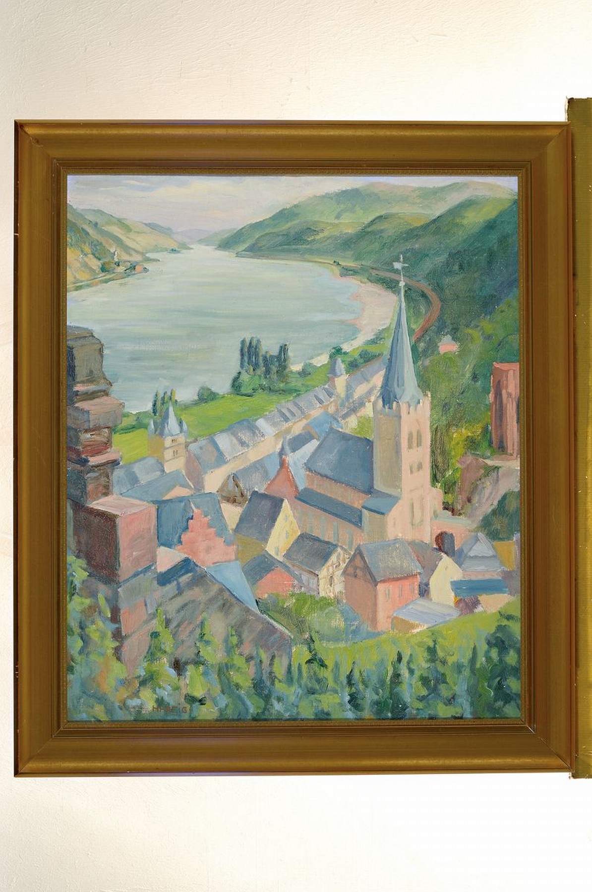 Detail k: Carl Christoph Hartig, 1888 Davos - 1975 Düsseldorf, Studium an der Düsseldorfer Akademie, ab 1906 in Weimar, hier: wohl Rheinlandschaft, Öl/Lwd, ...