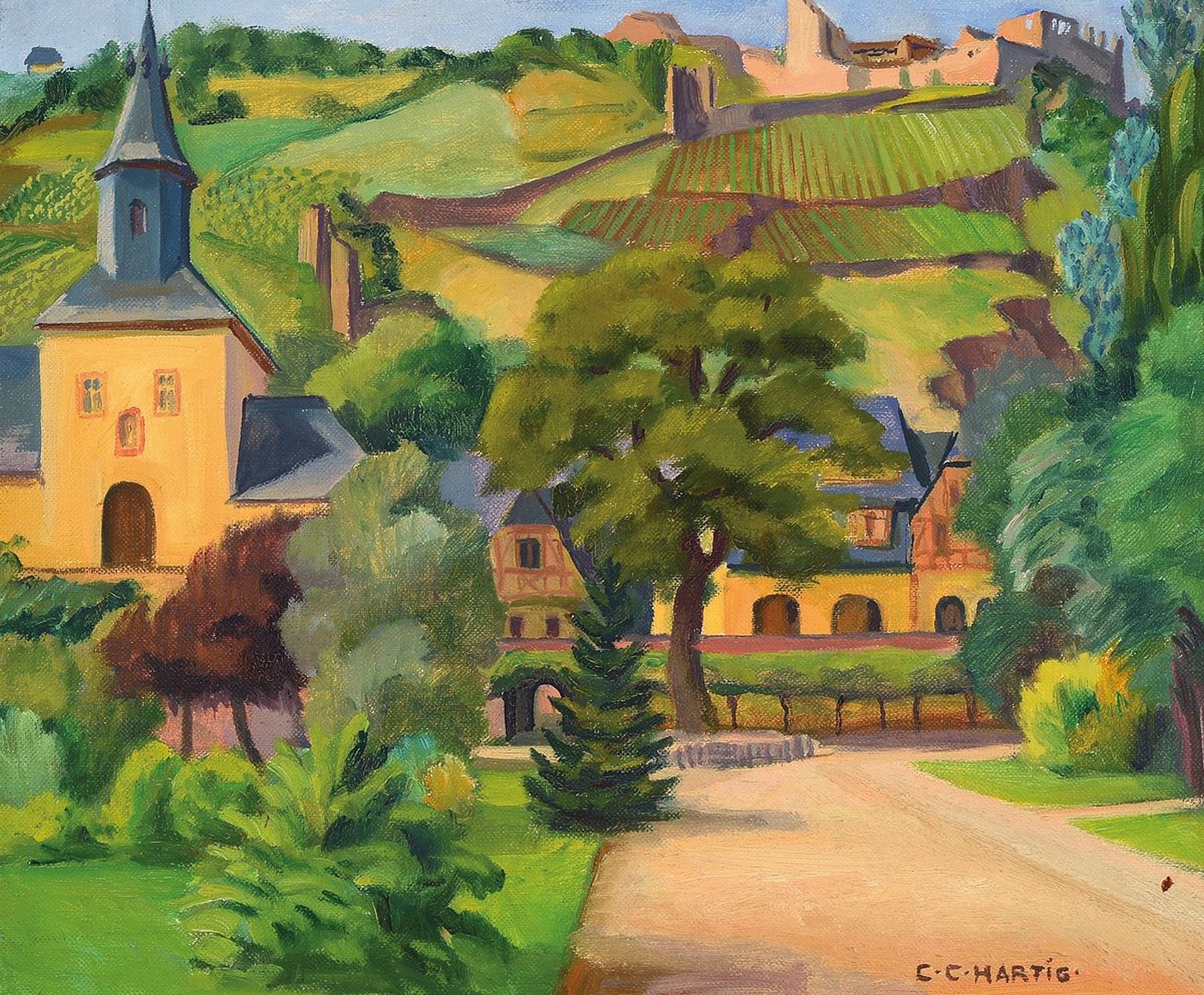 Carl Christoph Hartig, 1888 Davos - 1975 Düsseldorf, Studium an der Akademie Düsseldorf, ab 1906 in Weimar, Landschaft mit Wingert und Ruine, ...
