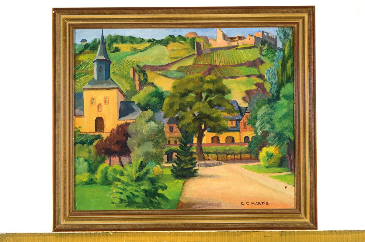 Detail k: Carl Christoph Hartig, 1888 Davos - 1975 Düsseldorf, Studium an der Akademie Düsseldorf, ab 1906 in Weimar, Landschaft mit Wingert und Ruine, ...