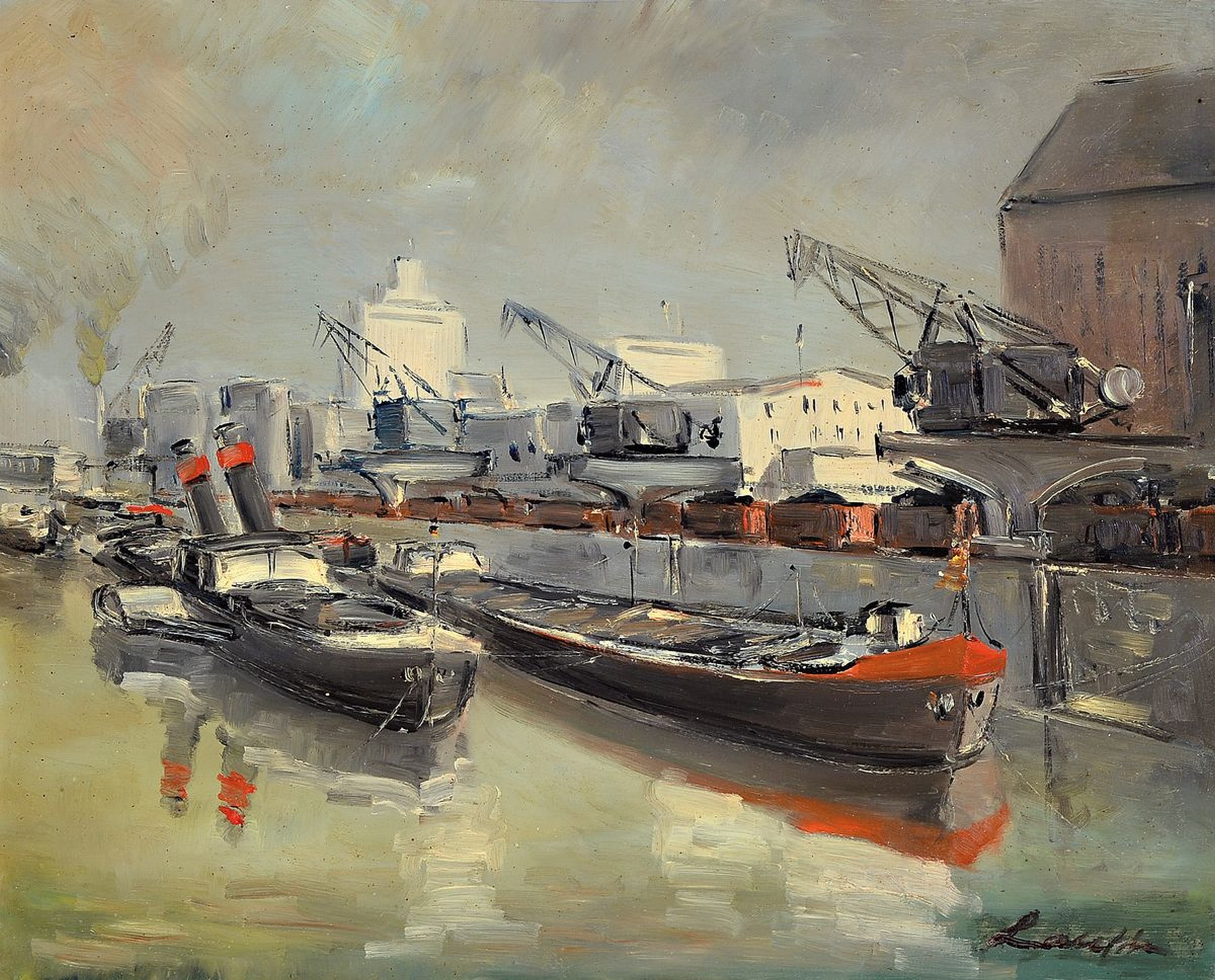 Robert Lauth, 1896-1985 Ludwigshafen, Blick auf den Rheinhafen von Mannheim, Öl/Malkarton, rechts unten signiert, ca. 44x56cm, R.