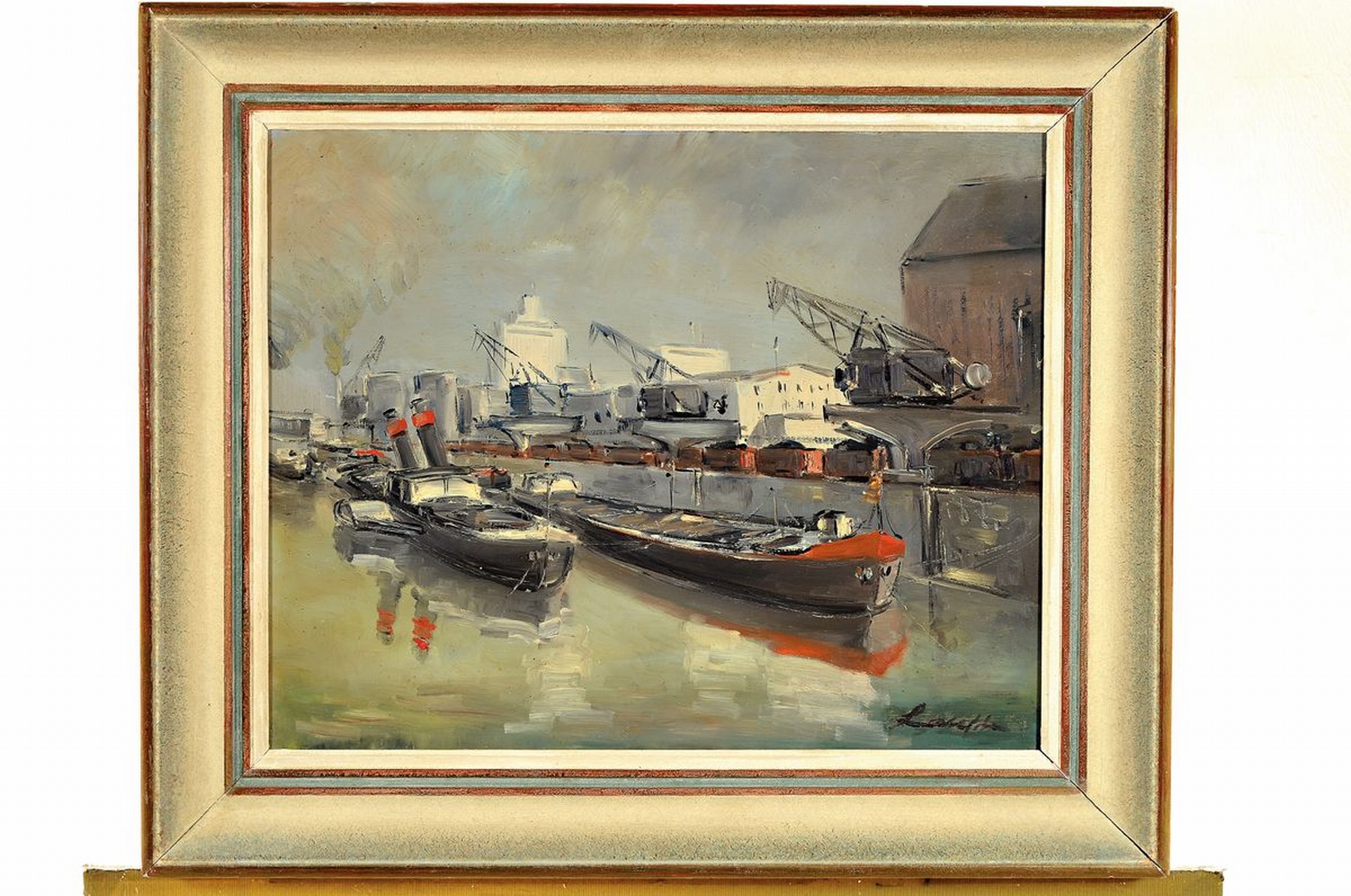Detail k: Robert Lauth, 1896-1985 Ludwigshafen, Blick auf den Rheinhafen von Mannheim, Öl/Malkarton, rechts unten signiert, ca. 44x56cm, R.