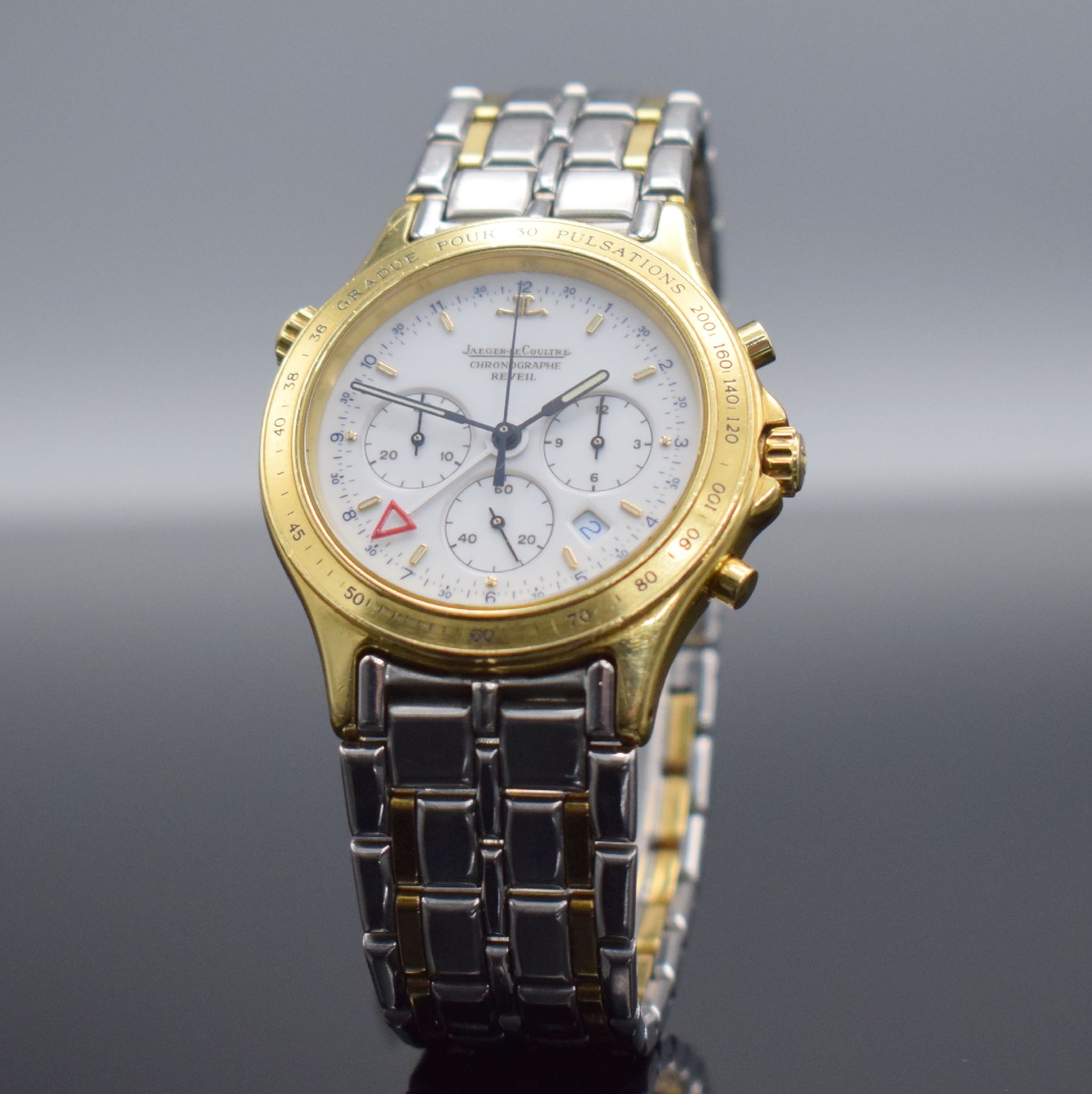 Detail b: Jaeger-LeCoultre seltener Armbandwecker mit Chronograph Serie Heraion Referenz 116.1.33, Schweiz um 1989, quarz, Geh. massiv GG 750/000 inkl. ...