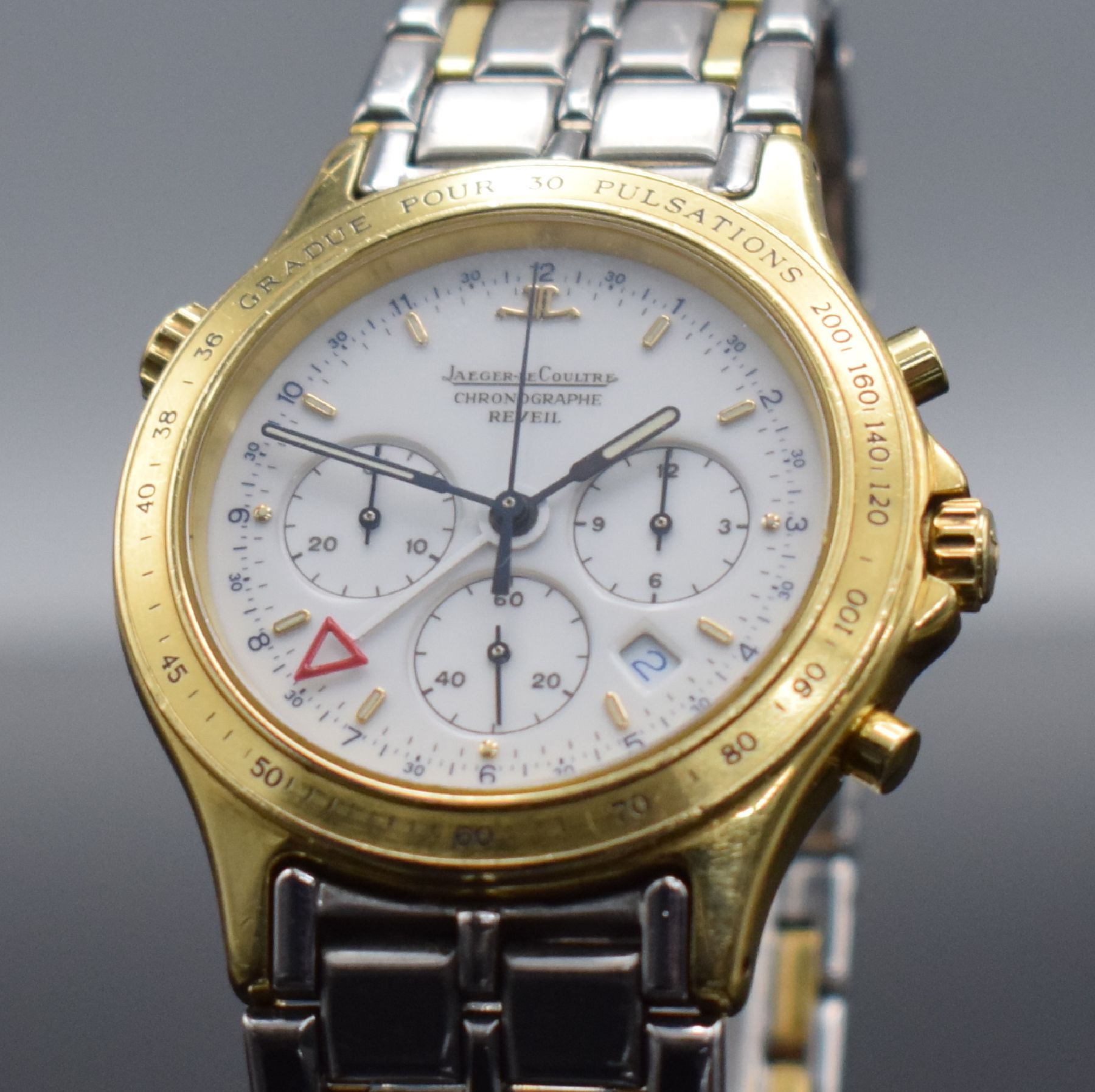 Detail c: Jaeger-LeCoultre seltener Armbandwecker mit Chronograph Serie Heraion Referenz 116.1.33, Schweiz um 1989, quarz, Geh. massiv GG 750/000 inkl. ...