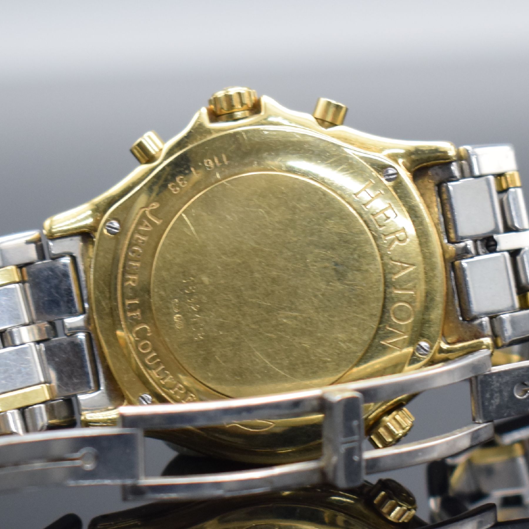 Detail f: Jaeger-LeCoultre seltener Armbandwecker mit Chronograph Serie Heraion Referenz 116.1.33, Schweiz um 1989, quarz, Geh. massiv GG 750/000 inkl. ...