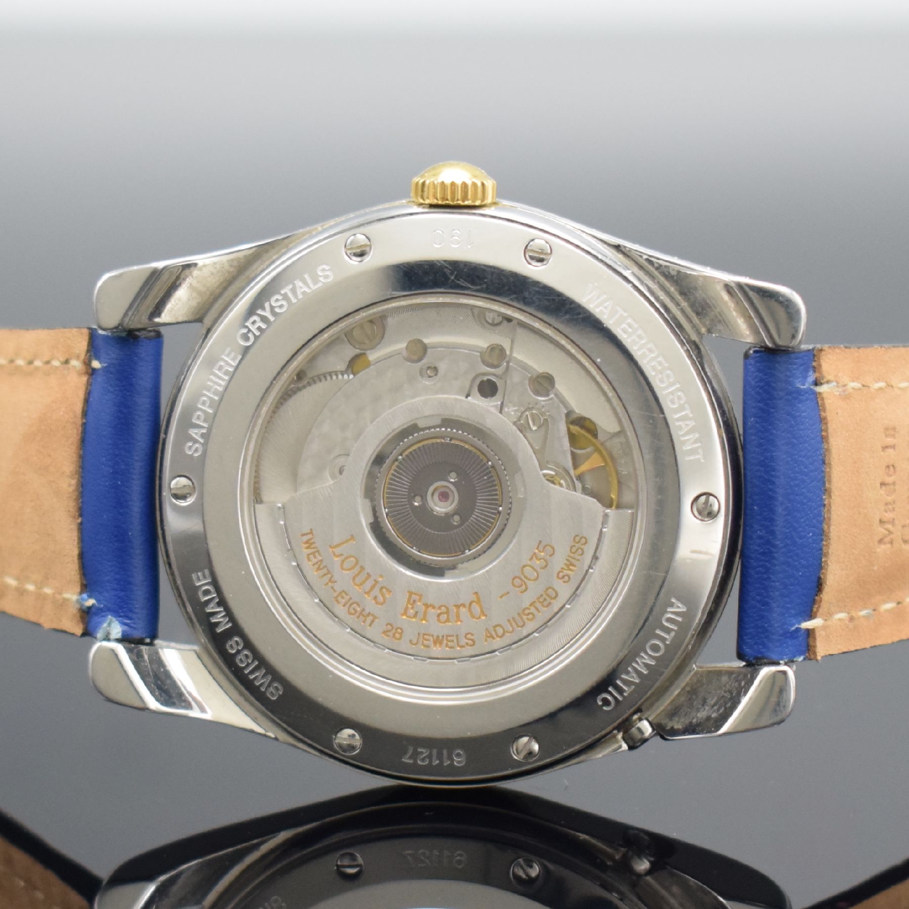 Detail e: LOUIS ERARD Herrenarmbanduhr 1931 Referenz 61127, Automatik, Schweiz um 2005, z. T. verg. Edelstahlgeh., beids. vergl., Boden 6- fach verschr., gebl. ...