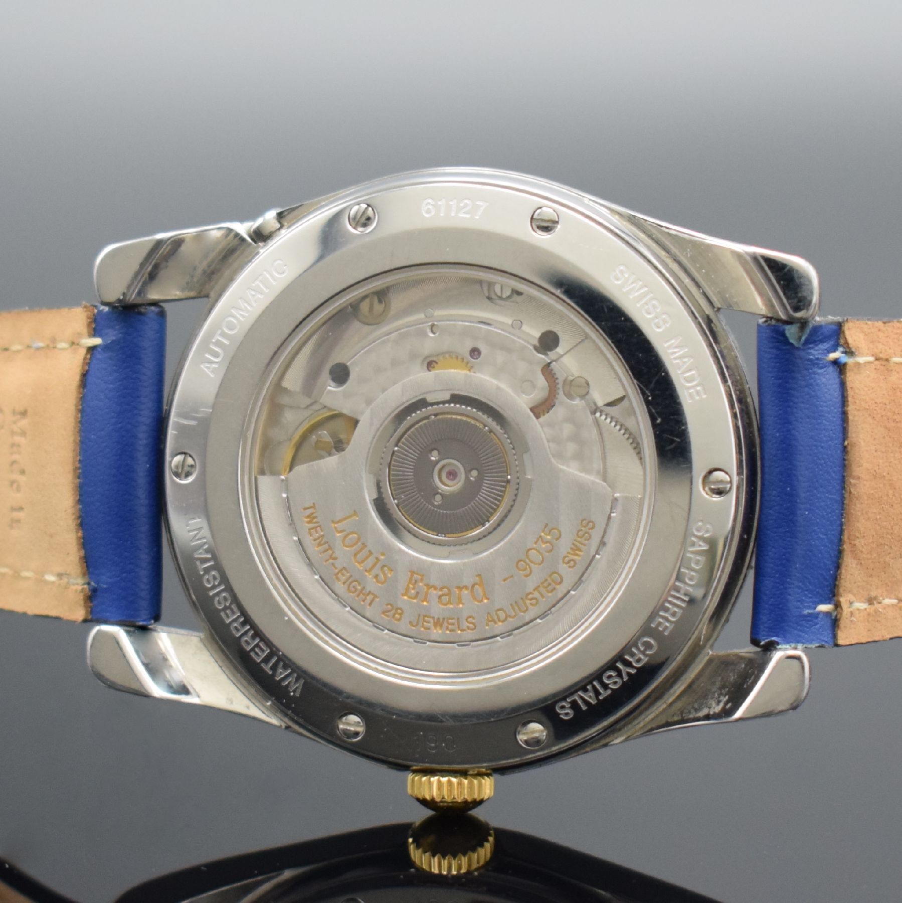 Detail f: LOUIS ERARD Herrenarmbanduhr 1931 Referenz 61127, Automatik, Schweiz um 2005, z. T. verg. Edelstahlgeh., beids. vergl., Boden 6- fach verschr., gebl. ...