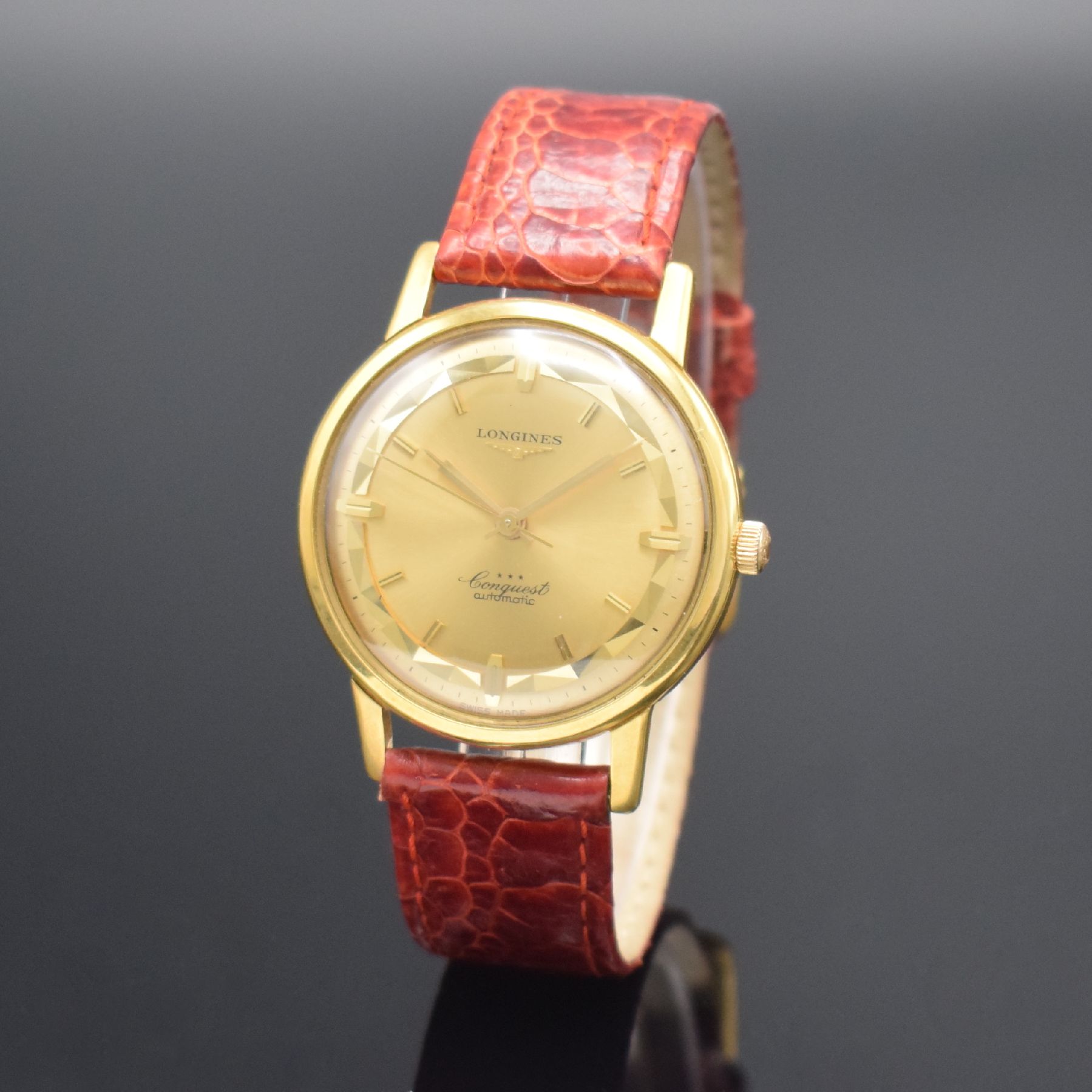 Detail b: LONGINES Conquest Herrenarmbanduhr in GG 750/000 Referenz 9021 3, Schweiz um 1960, Automatik, Boden m. Emailplakette verschr., ausgefallenes ...