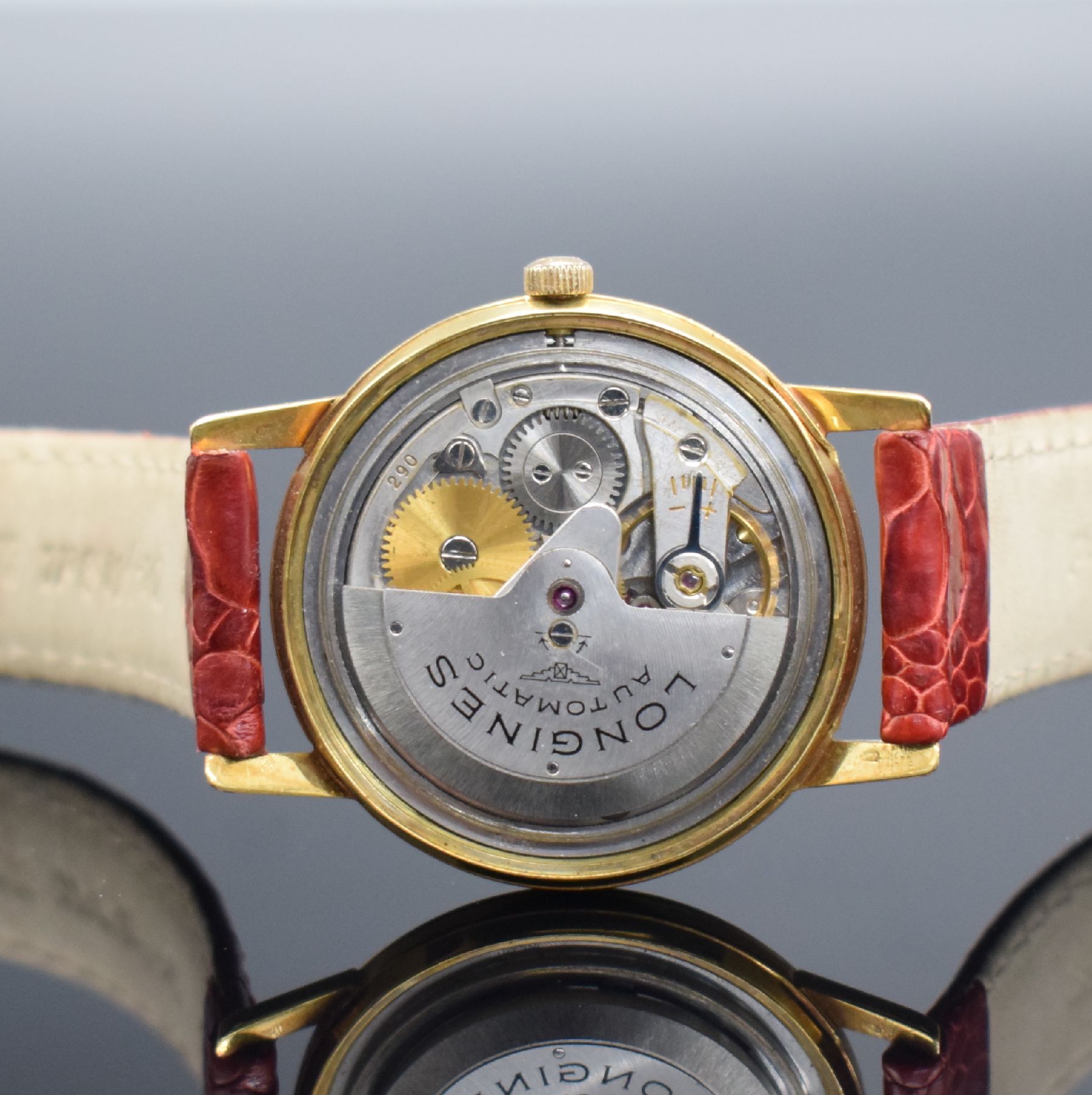 Detail f: LONGINES Conquest Herrenarmbanduhr in GG 750/000 Referenz 9021 3, Schweiz um 1960, Automatik, Boden m. Emailplakette verschr., ausgefallenes ...