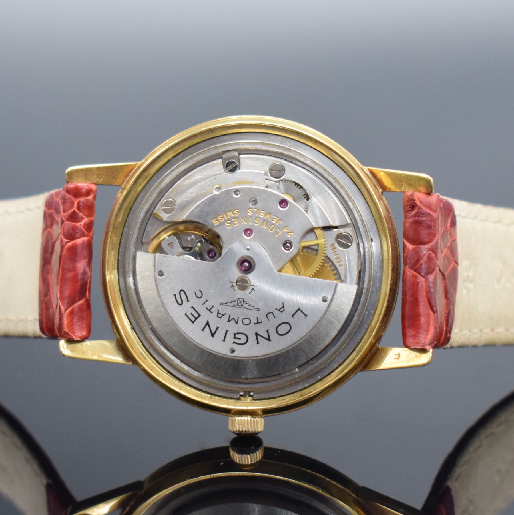 Detail g: LONGINES Conquest Herrenarmbanduhr in GG 750/000 Referenz 9021 3, Schweiz um 1960, Automatik, Boden m. Emailplakette verschr., ausgefallenes ...