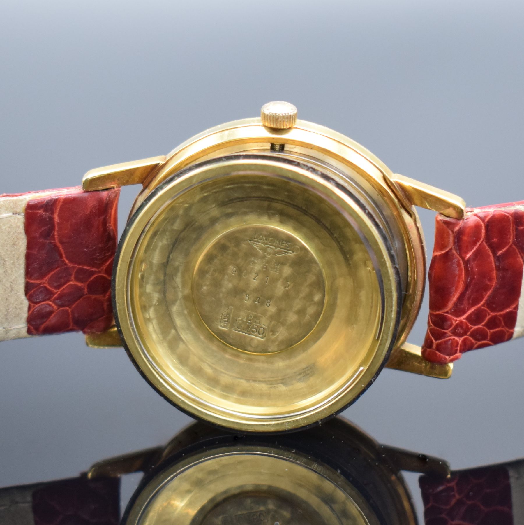 Detail h: LONGINES Conquest Herrenarmbanduhr in GG 750/000 Referenz 9021 3, Schweiz um 1960, Automatik, Boden m. Emailplakette verschr., ausgefallenes ...