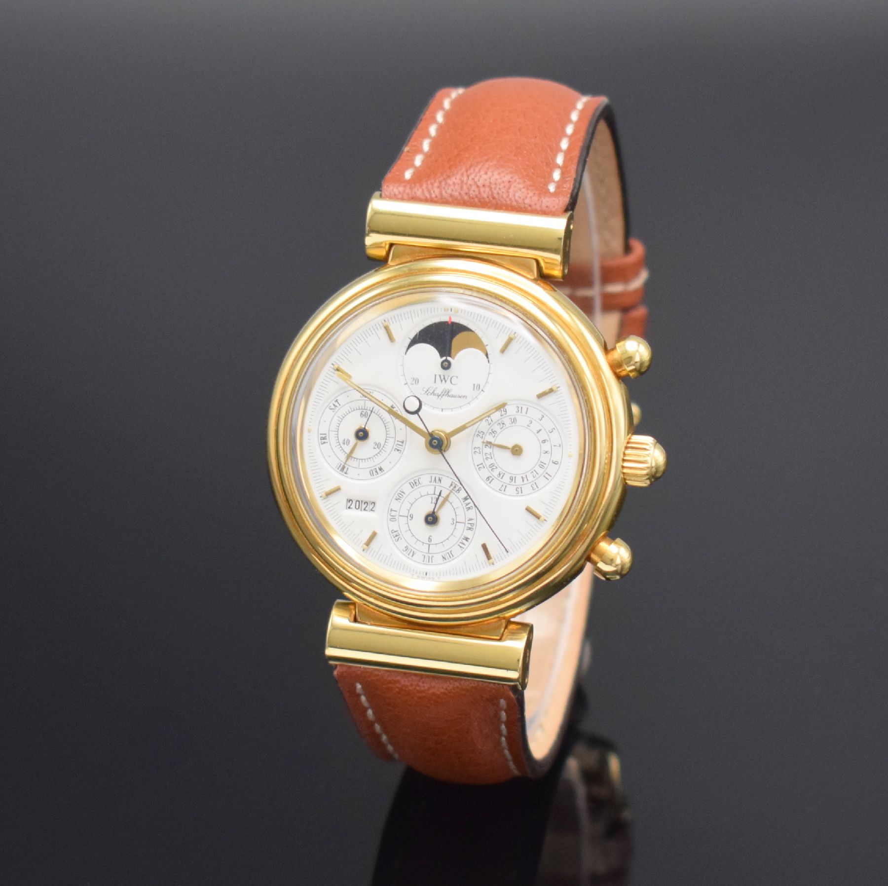 Detail b: IWC feiner astronomischer Armbandchronograph Modell Da Vinci mit ewigem Kalender Referenz 3750 in GG 750/000, Automatik, Lederband m. orig. Dornschl. ...