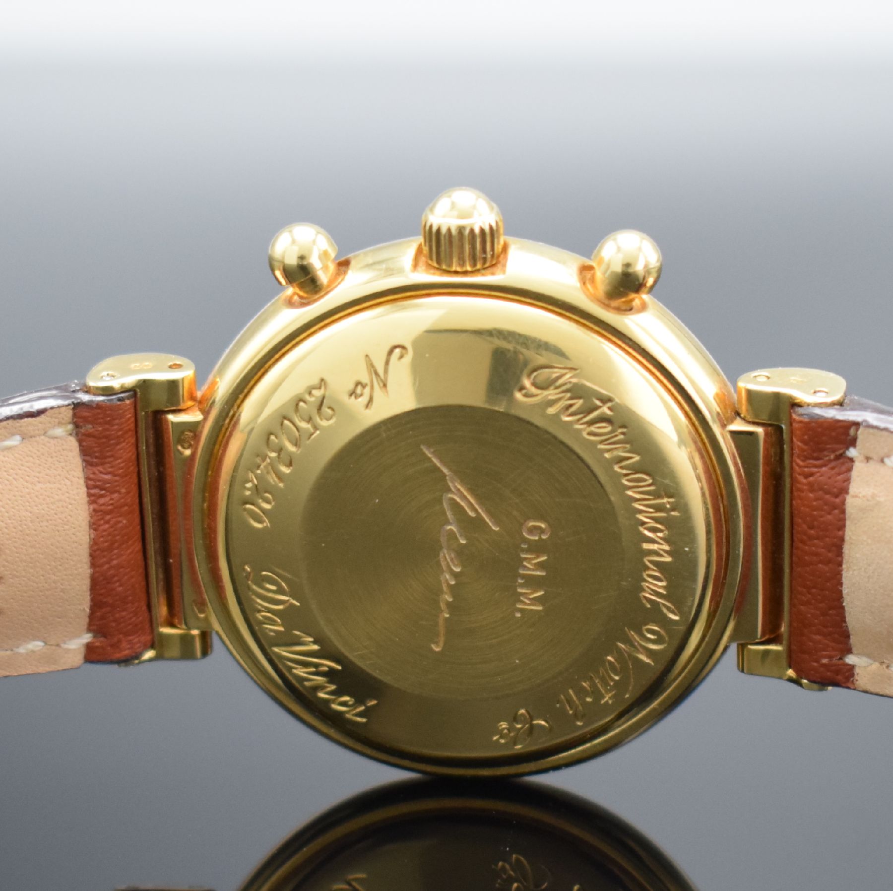 Detail h: IWC feiner astronomischer Armbandchronograph Modell Da Vinci mit ewigem Kalender Referenz 3750 in GG 750/000, Automatik, Lederband m. orig. Dornschl. ...