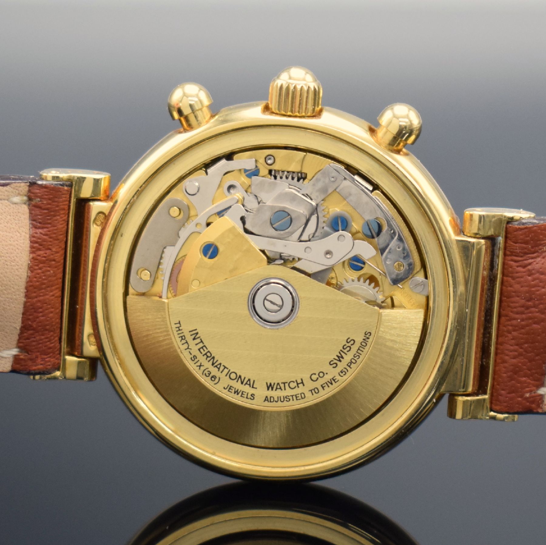 Detail j: IWC feiner astronomischer Armbandchronograph Modell Da Vinci mit ewigem Kalender Referenz 3750 in GG 750/000, Automatik, Lederband m. orig. Dornschl. ...
