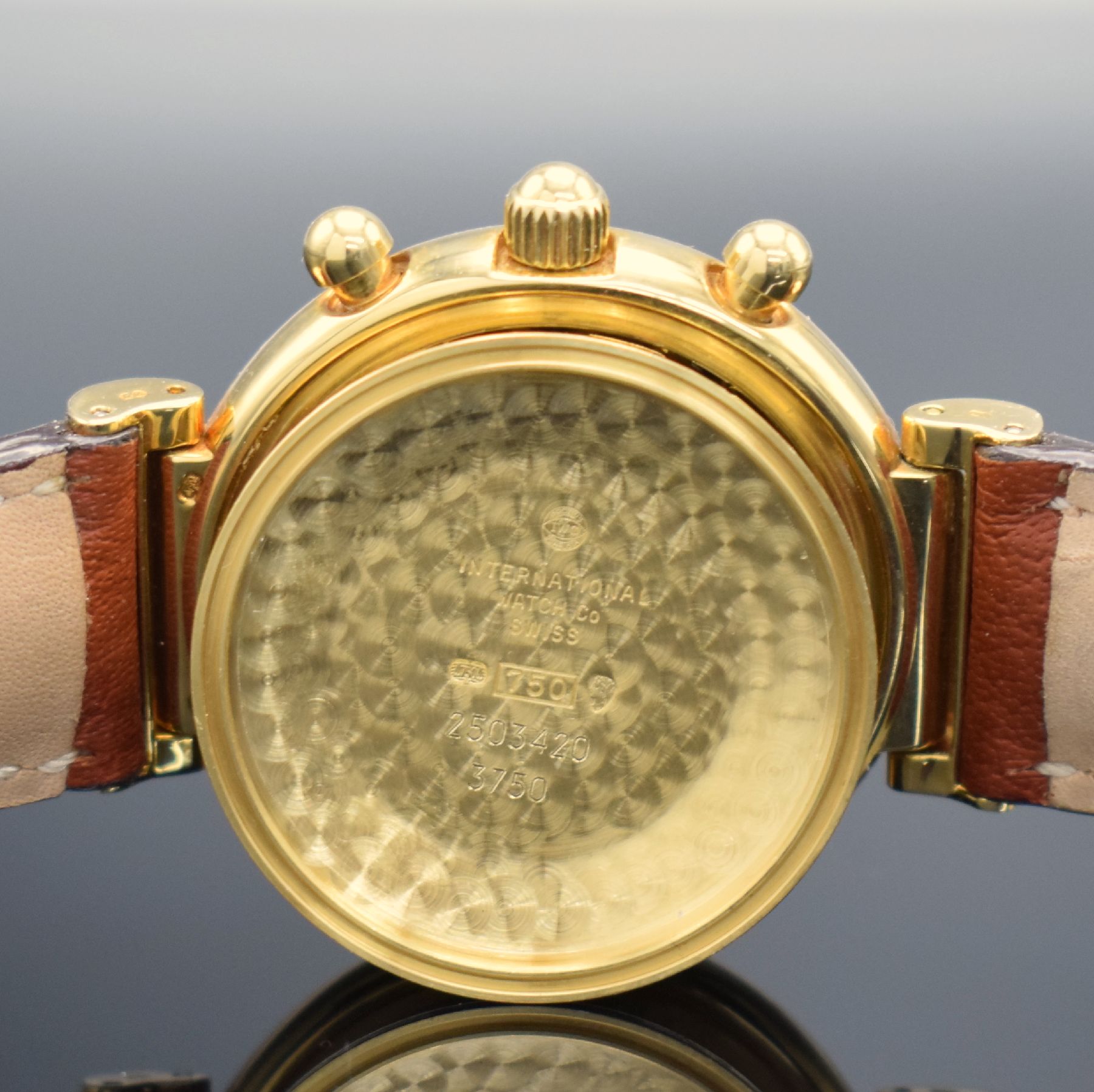Detail l: IWC feiner astronomischer Armbandchronograph Modell Da Vinci mit ewigem Kalender Referenz 3750 in GG 750/000, Automatik, Lederband m. orig. Dornschl. ...