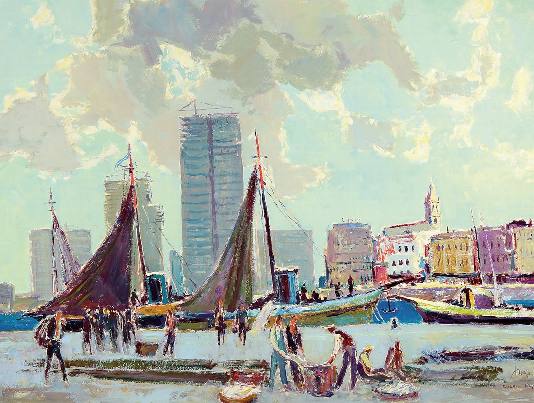 Karl Graf, 1902-1986 Speyer, Fischer vor Großstadtkulisse, Öl/Papier, rechts unten signiert und bez.: Palamis 1967, ca. 63x82cm, PP, u.Gl., R. ca. ...