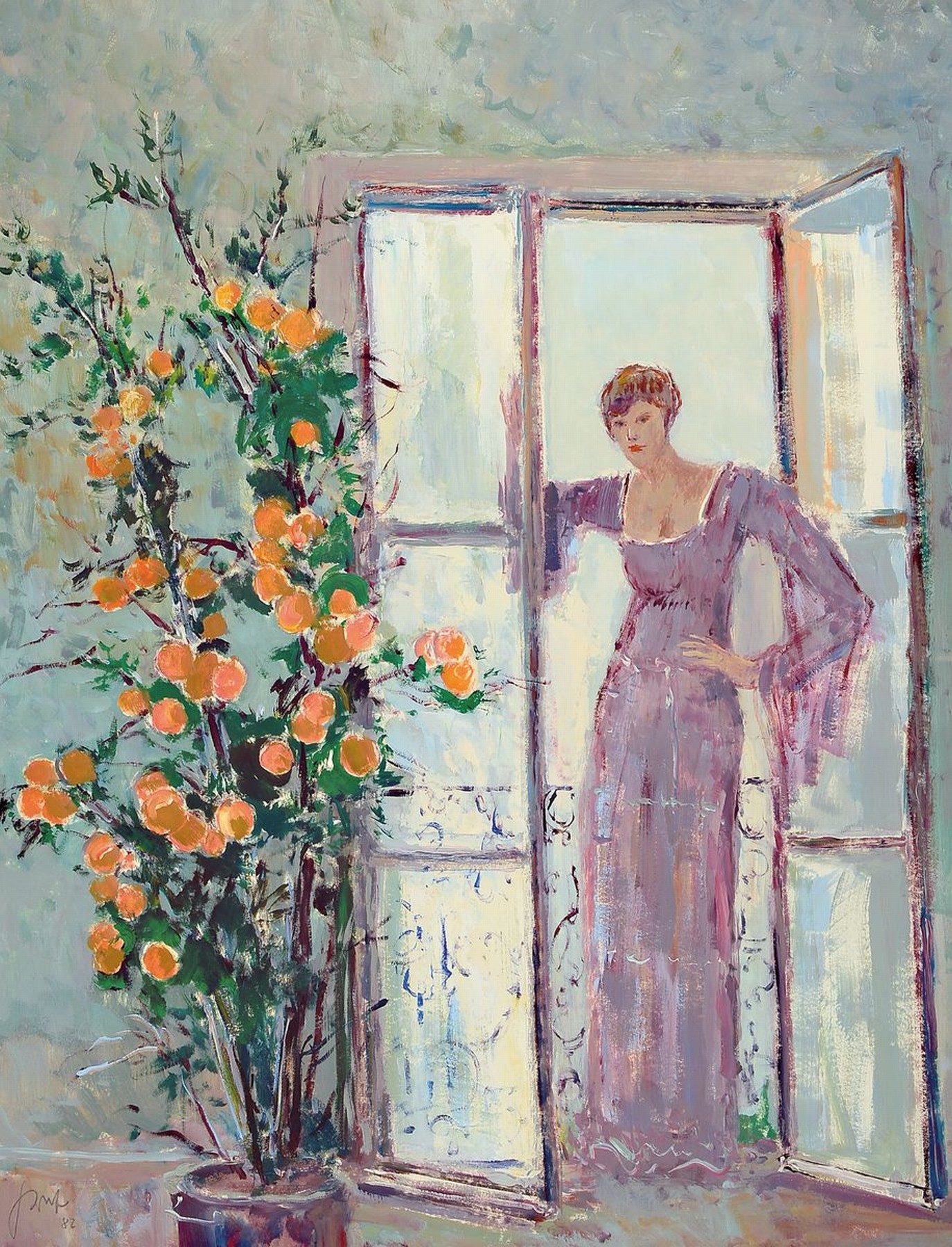 Karl Graf, 1902-1986 Speyer, Frau an der offenen Balkontür, Öl/Papier, links unten signiert, ca. 82x62cm, PP, u.Gl., R. ca. 109x83cm