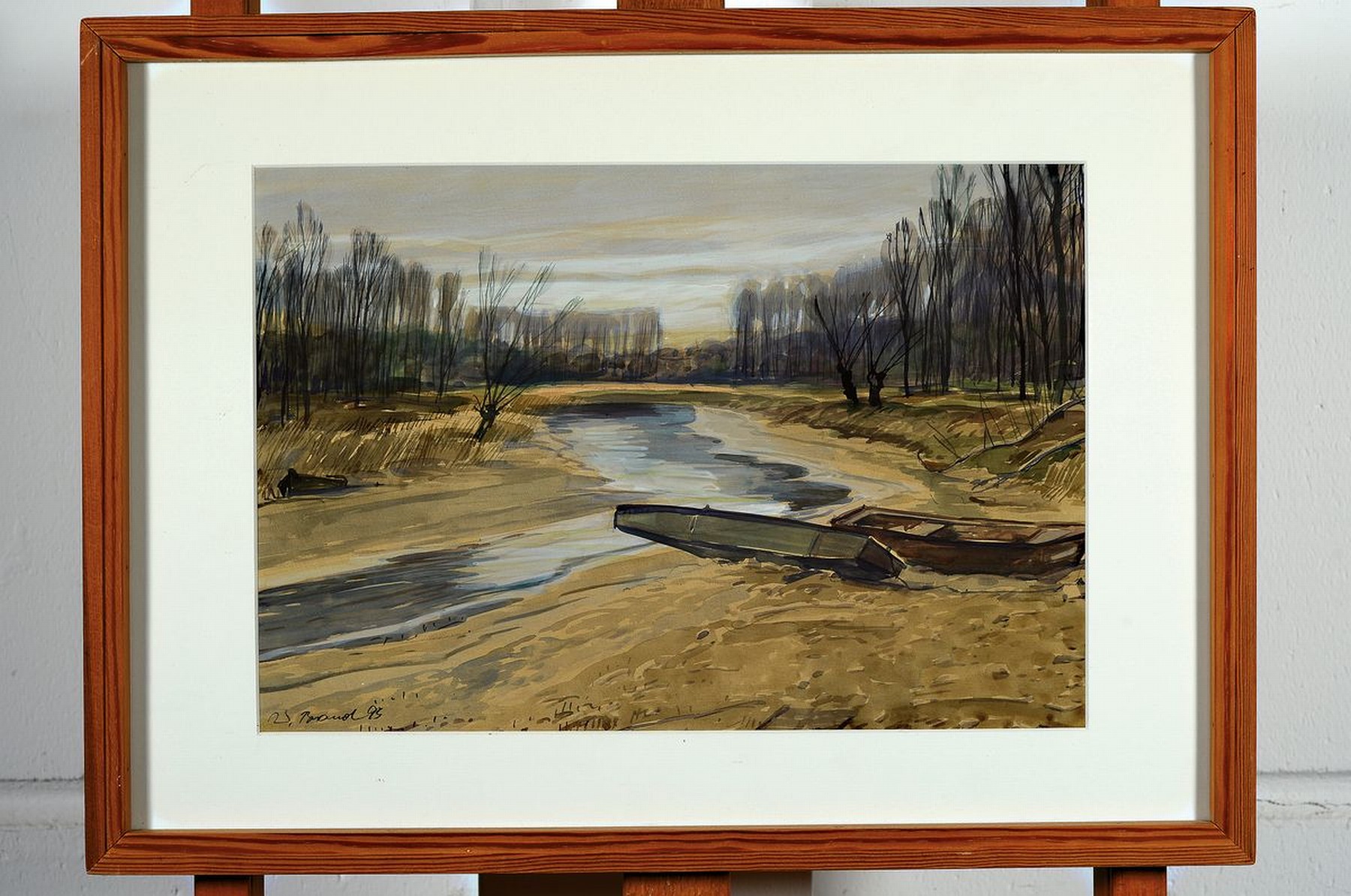 Detail k: Werner Brand, 1933 Löbau-2021 Hochstadt, Herbstlandschaft mit Fischerbooten am Strand, Aquarell auf Papier, links unten sign. und dat. 95, ca. ...
