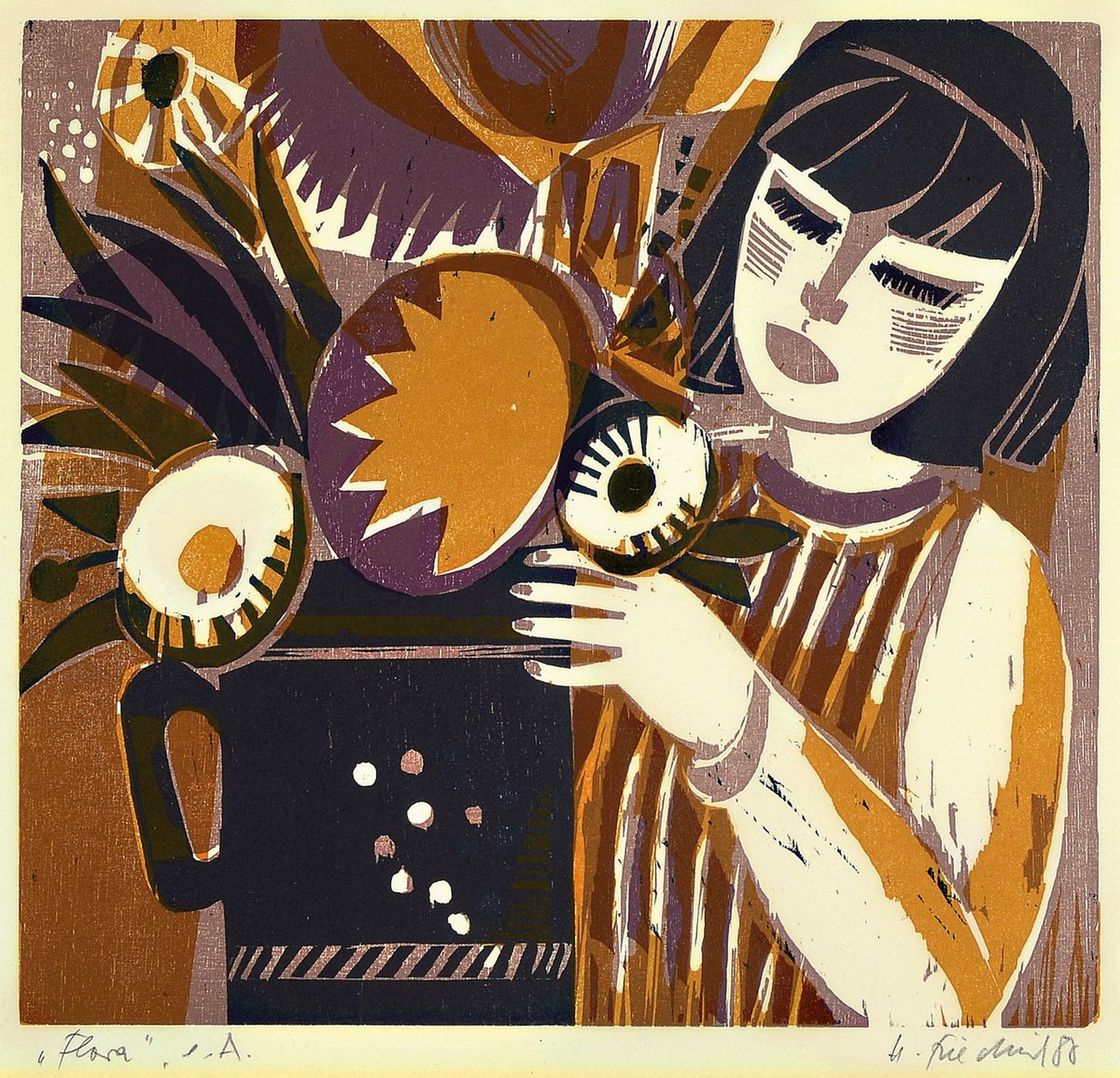 Heinz Friedrich, 1924-2018 Schwetzingen, 2 Farbholzschnitte, Flora, signiert und bez. e.a., ca. 40x43cm, PP, u.Gl., R. ca. 64x64cm, Der Kampfhahn, ...