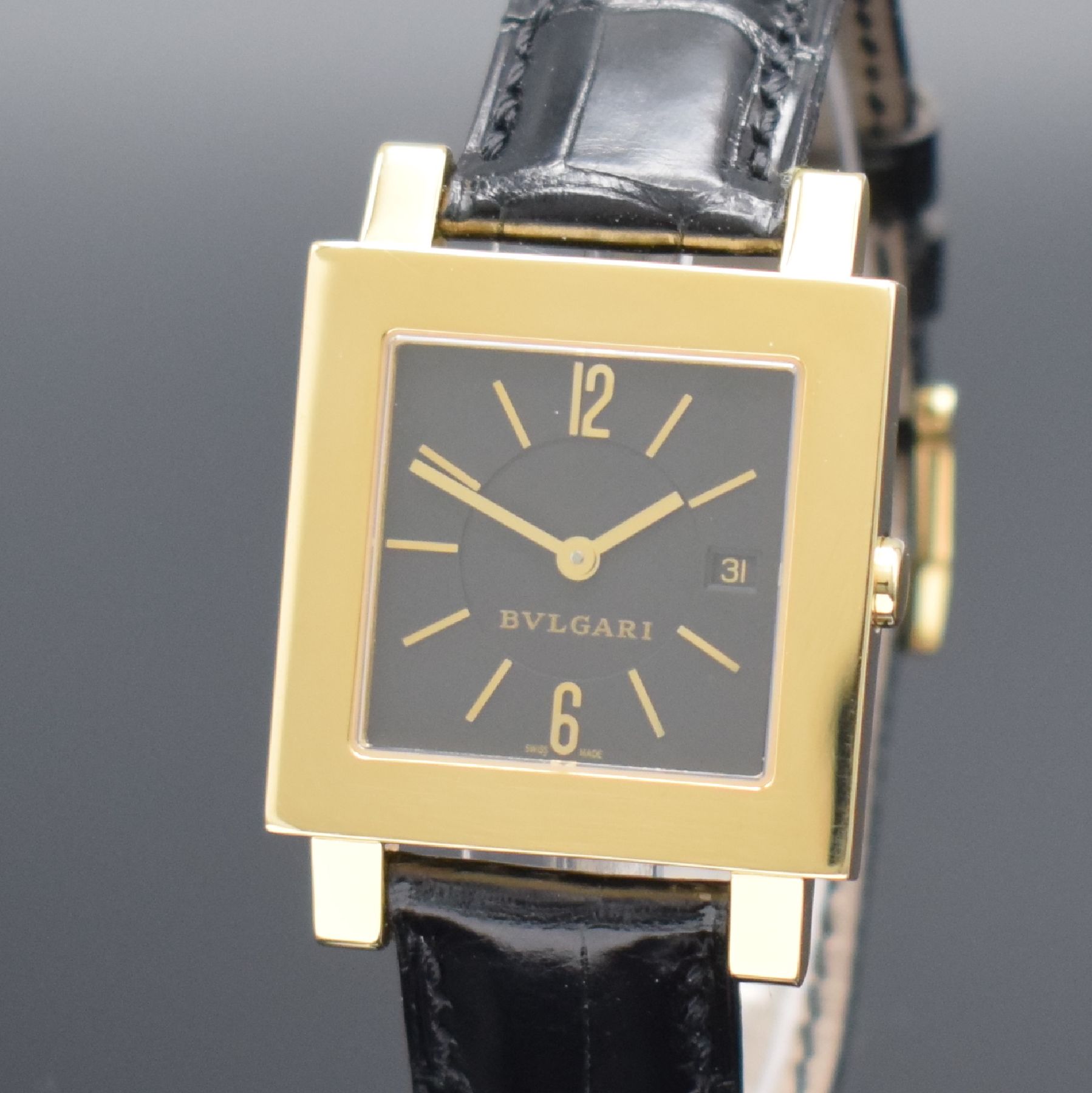 Detail c: BULGARI Quadrato Damenarmbanduhr in GG 750/000, Schweiz um 2000, quarz, Ref. SQ 29 GL, 2- teil. Geh., Boden 8-fach verschr., orig. Lederband m. orig. ...