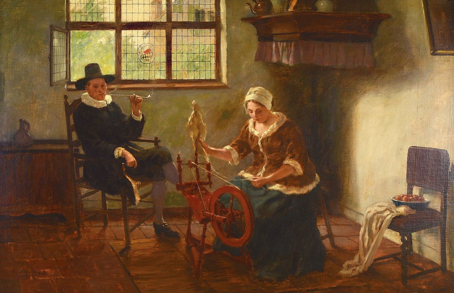 Hugo Krings, 1878 Mönchengladbach-1954 Düsseldorf, In der niederländischen Stube, Frau am Spinnrad, Herr mit Pfeife, Öl/Lwd, links unten ...