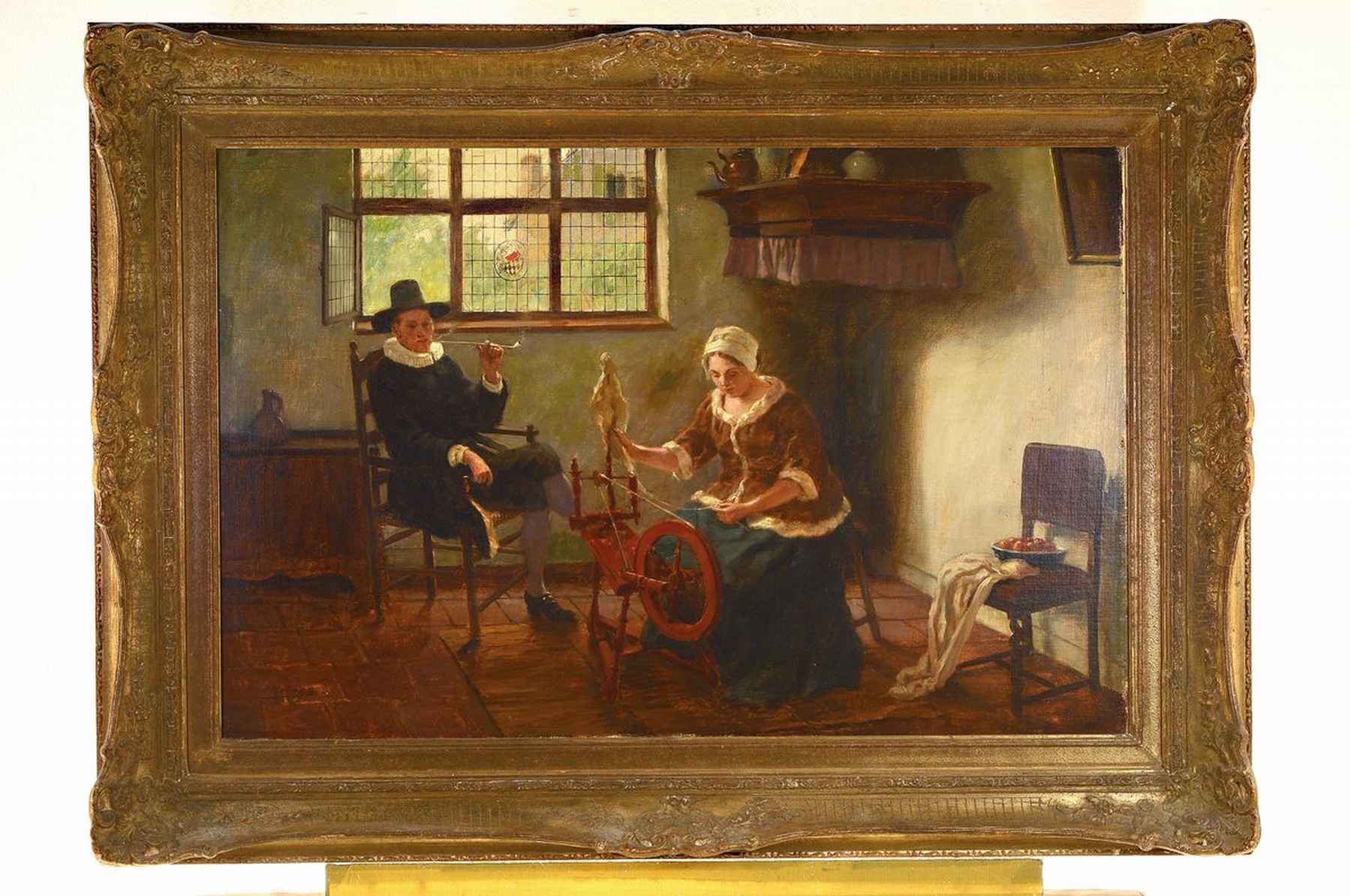 Detail k: Hugo Krings, 1878 Mönchengladbach-1954 Düsseldorf, In der niederländischen Stube, Frau am Spinnrad, Herr mit Pfeife, Öl/Lwd, links unten ...