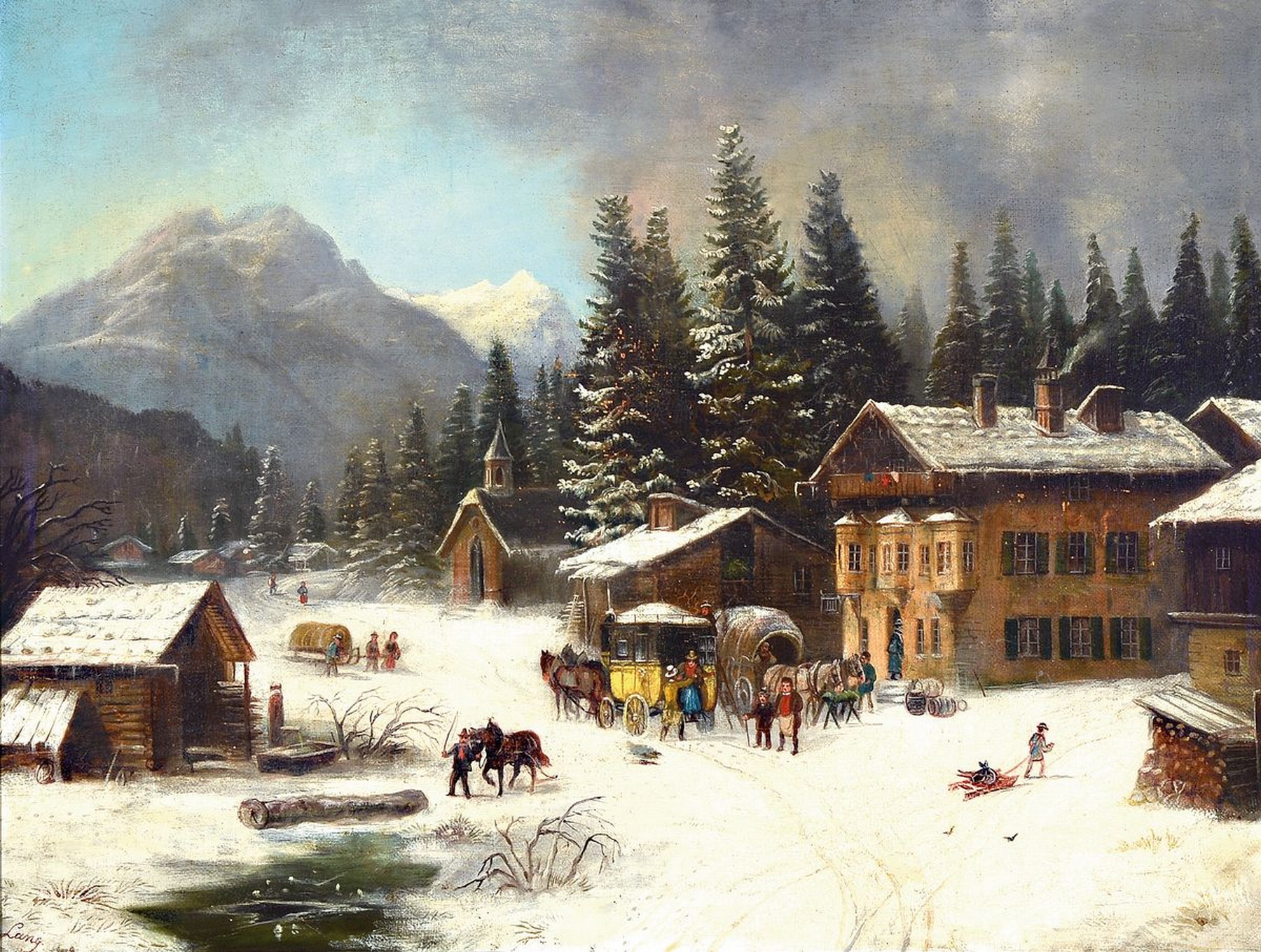 Zuschreibung: Albert Lang, 1847 Karlsruhe-1933 München, Kutsche und Postkutsche vor einem Gasthaus in den verschneiten Bergen, versch. Personen ...