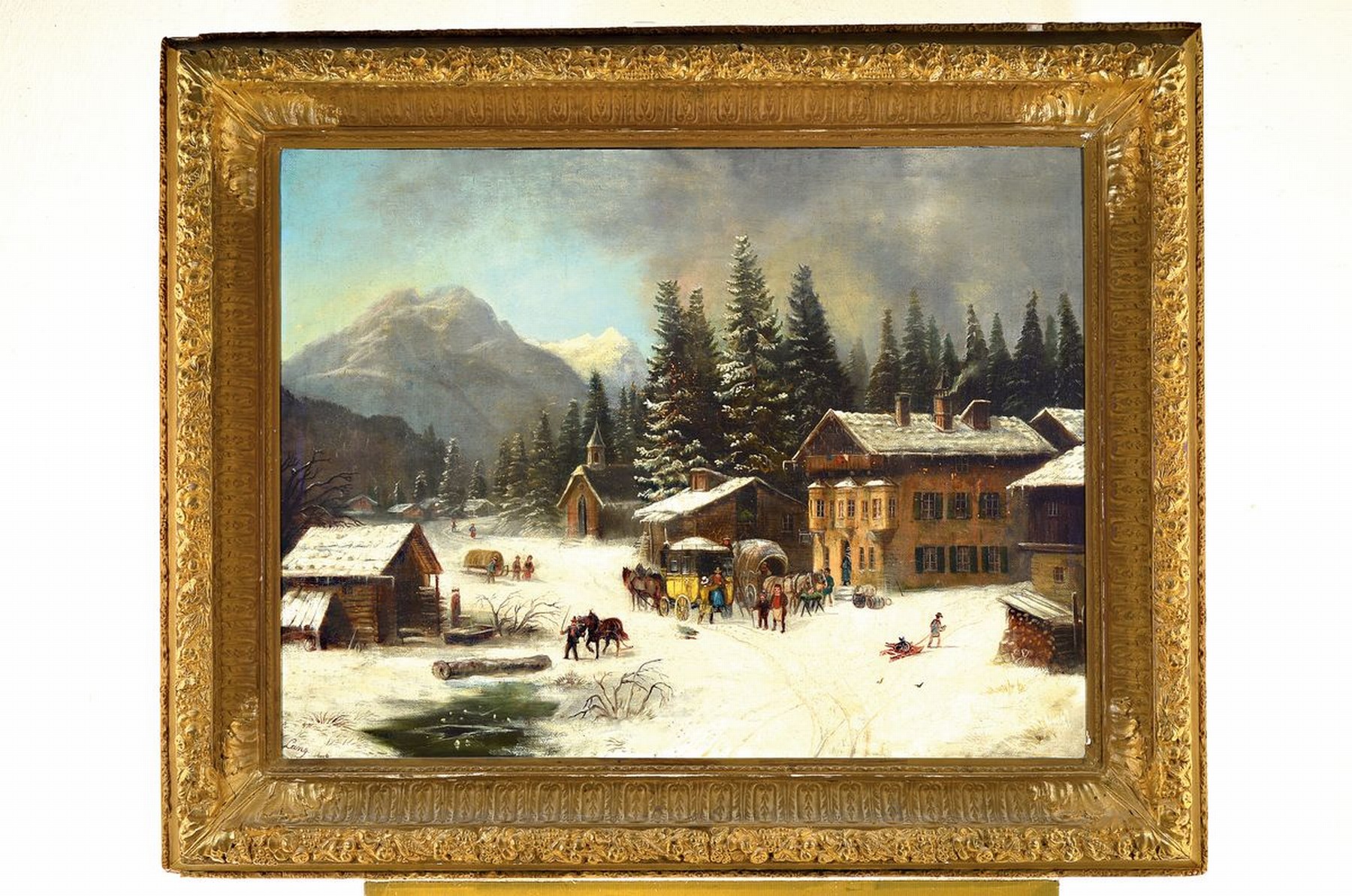 Detail k: Zuschreibung: Albert Lang, 1847 Karlsruhe-1933 München, Kutsche und Postkutsche vor einem Gasthaus in den verschneiten Bergen, versch. Personen ...