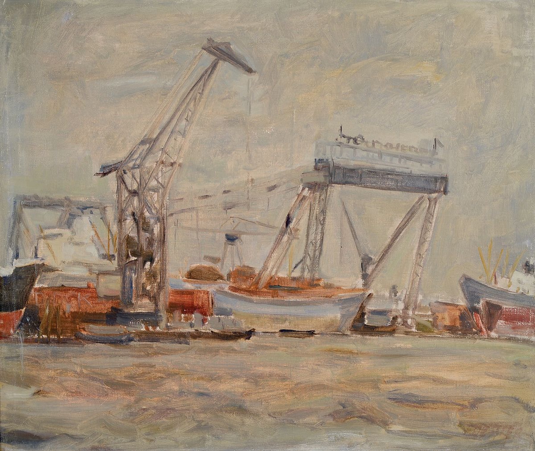 Friedrich Oehler, 1921-2001, Blick in den Hamburger Hafen, Öl/Lwd, rechts unten signiert, ca. 60x70cm, R. ca. 70x80cm