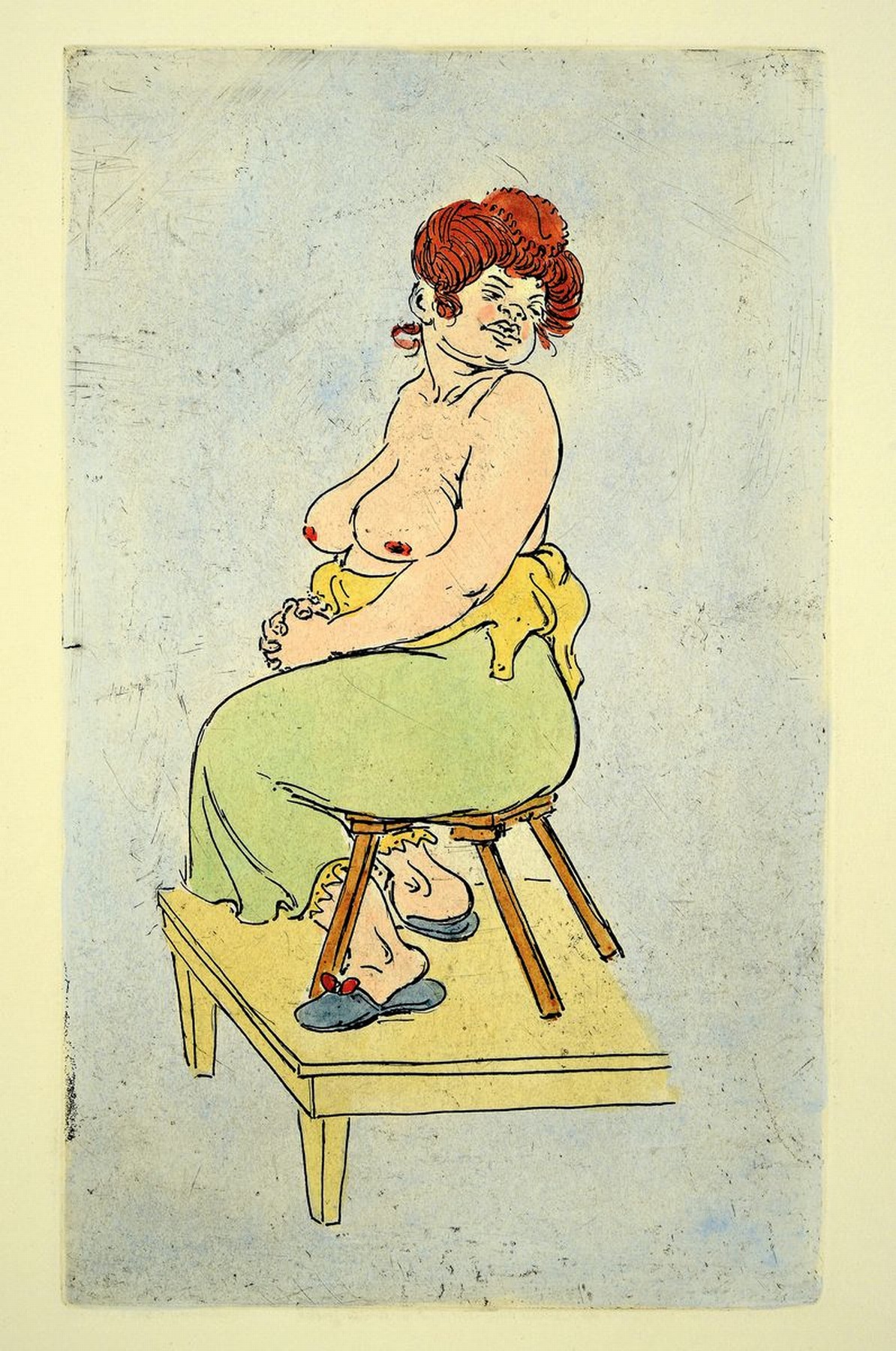 Detail k: Heinrich Zille, 1858-1929 Berlin, Das Modell, kolorierte Radierung, rückseitig mit Nachlaßstempel in Rot, ca. 26.5x16cm, Blattgr. ca. 66x41cm