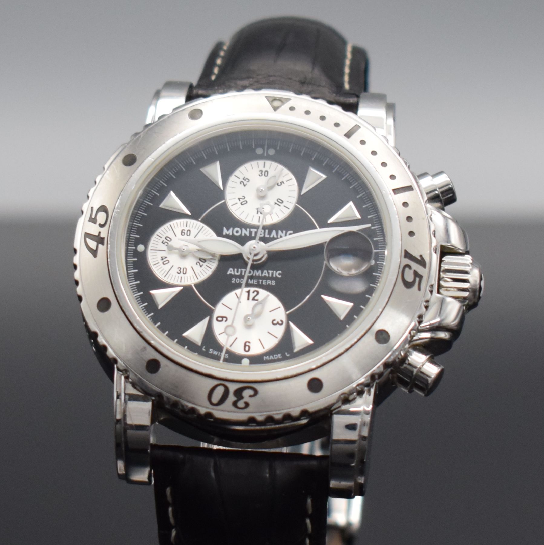 Detail c: MONTBLANC Herrenarmbanduhr mit Chronograph Referenz 7034, Schweiz um 2010, Automatik, verschr. Edelstahlgeh., Lederband m. orig. Faltschl., eins. ...