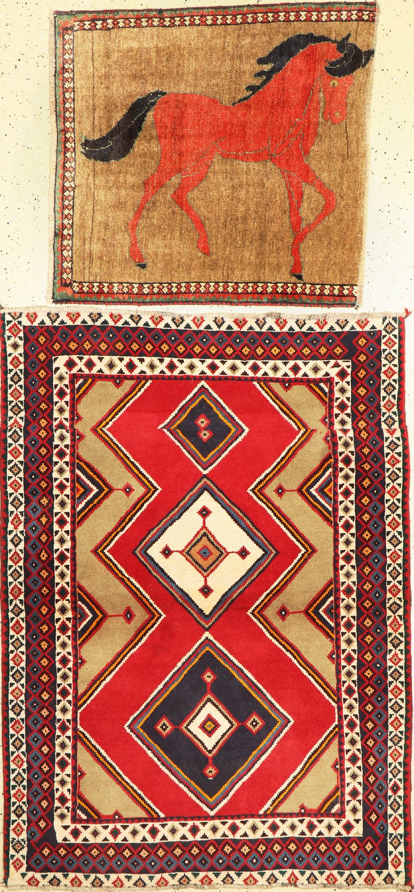 2 Alte Gabbeh(Fragmente), Persien, um 1960,Wolle auf Wolle, ca. 160 x 115 cm,& ca, 90 x 83 cm.