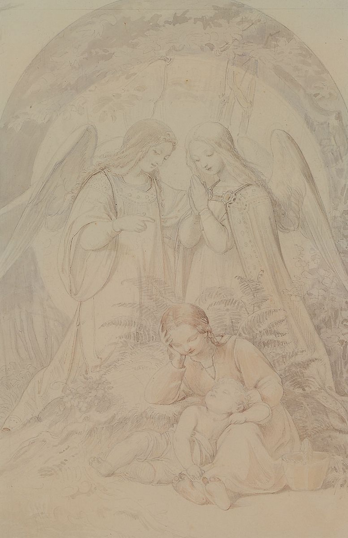 Zuschreibung: Ludwig Richter, 1803 Dresden - 1884 ebenda, Figurengruppe: zwei Schutzengel, rundbogenförmiger Ausschnitt, Bleistiftzeichnung auf ...