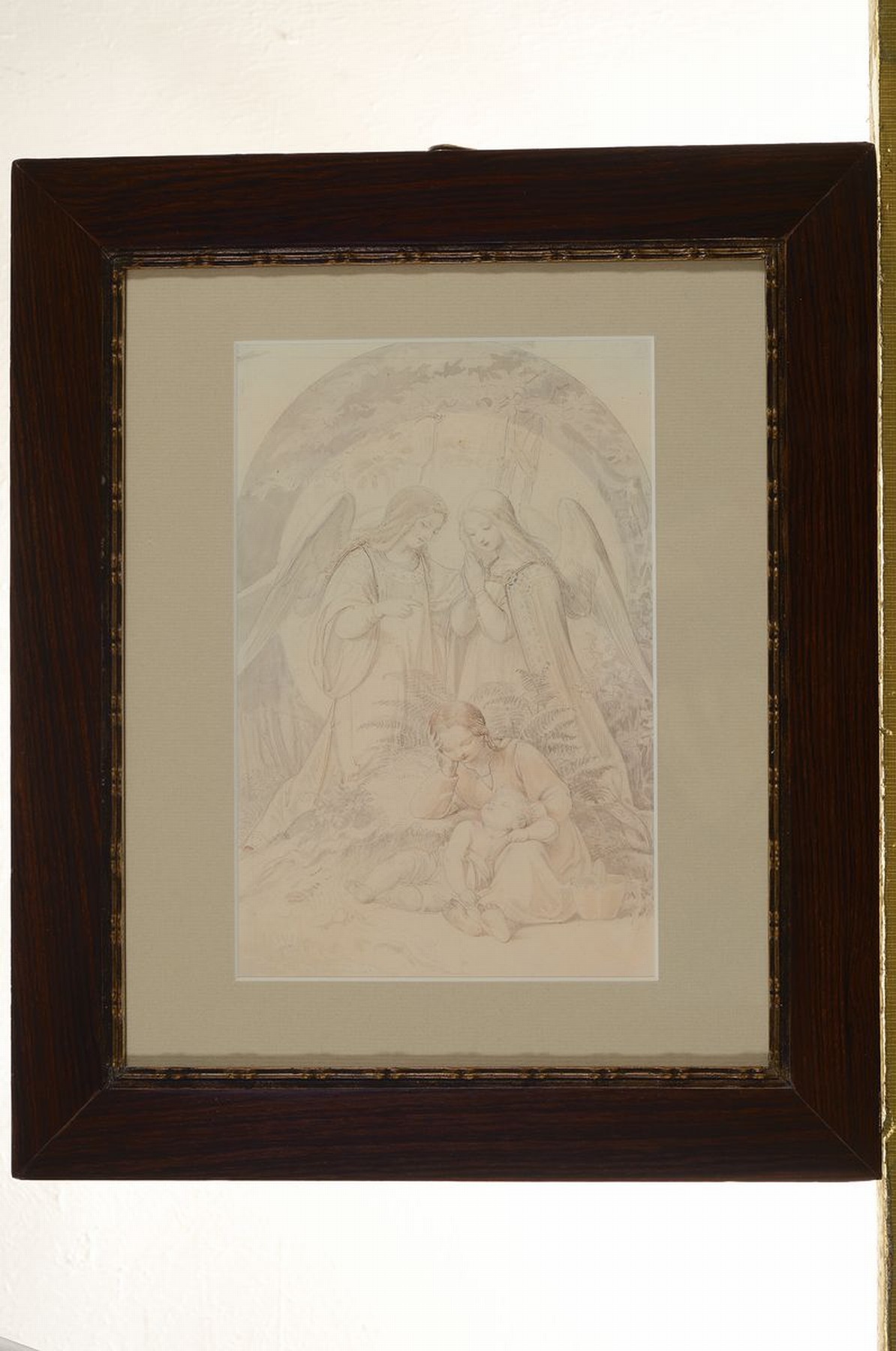 Detail k: Zuschreibung: Ludwig Richter, 1803 Dresden - 1884 ebenda, Figurengruppe: zwei Schutzengel, rundbogenförmiger Ausschnitt, Bleistiftzeichnung auf ...