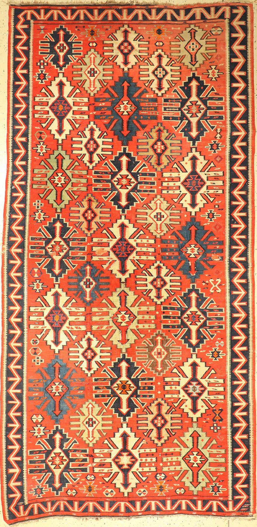 Kuba Kelim antik, Kaukasus, um 1900, Wolle auf Wolle, ca. 326 x 162 cm, EHZ: 4, (mehrere Löcher)