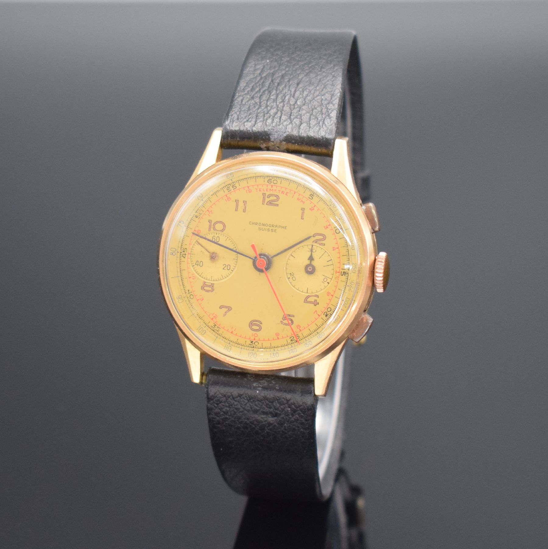 Detail b: CHRONOGRAPHE SUISSE Armbandchronograph in RG 750/000, Handaufzug, Schweiz um 1950, Geh. l. dell., Boden, Glasrand & verg. Cuv. aufgedr., gold. ...