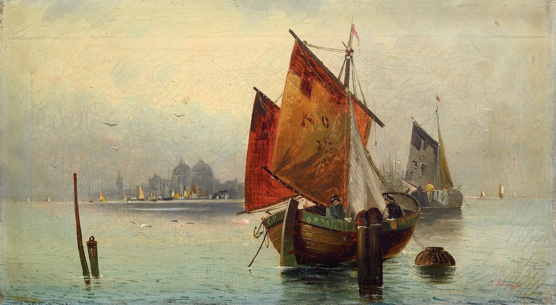 L. Rebourgeon, Maler des 19./20. Jh., Fischerboote vor der Stadt, wohl Venedig, Öl/Lwd, rechts unten signiert, ca. 26x48cm