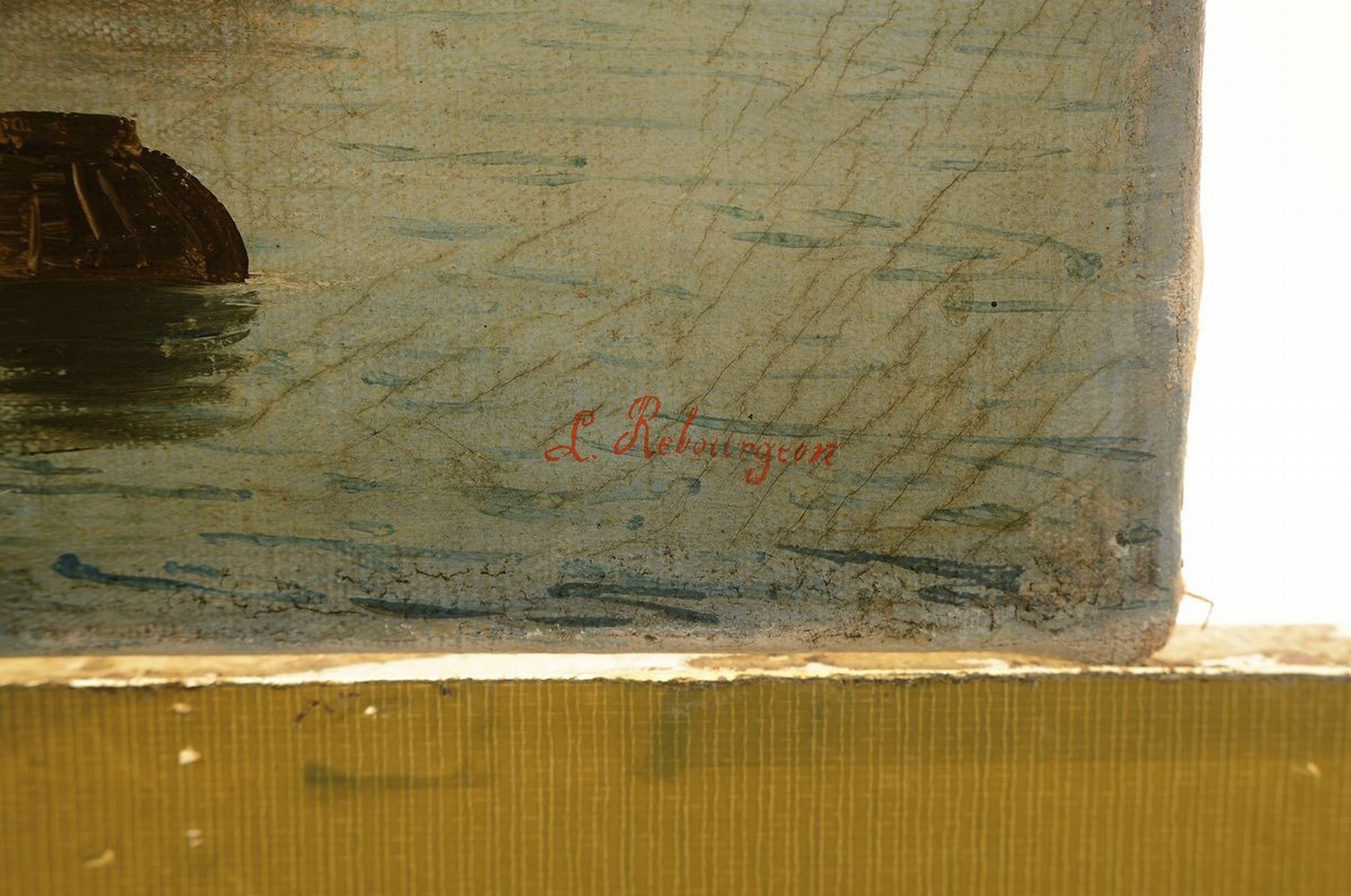 Detail a: L. Rebourgeon, Maler des 19./20. Jh., Fischerboote vor der Stadt, wohl Venedig, Öl/Lwd, rechts unten signiert, ca. 26x48cm
