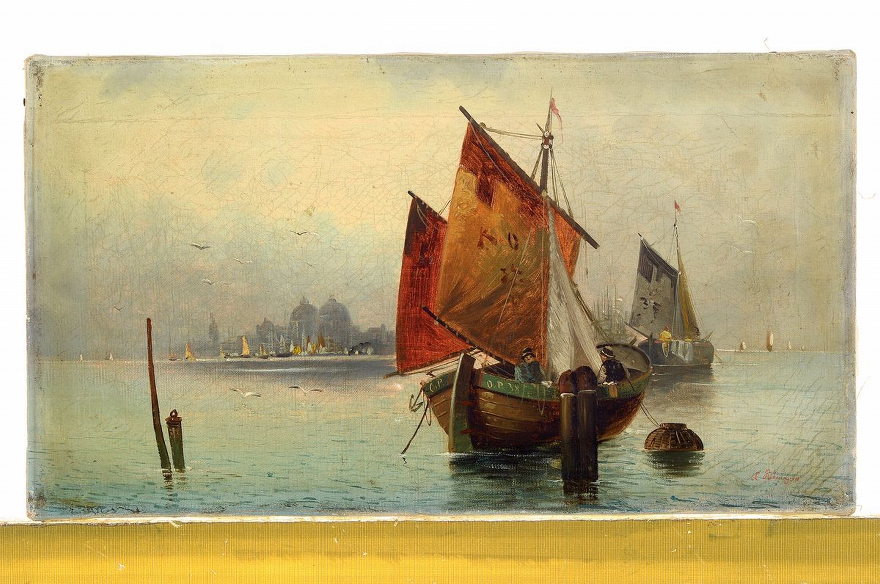 Detail k: L. Rebourgeon, Maler des 19./20. Jh., Fischerboote vor der Stadt, wohl Venedig, Öl/Lwd, rechts unten signiert, ca. 26x48cm