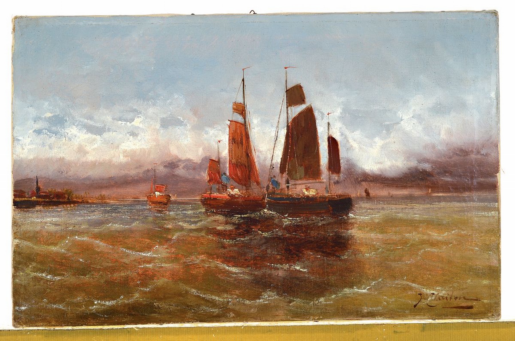 Detail k: J. Claiton, Pseudonym des Georg Fischhof, 1859-1914, Fischerboote bei aufziehendem Gewitter, Öl/Lwd, rechts unten signiert, ca. 37x58cm