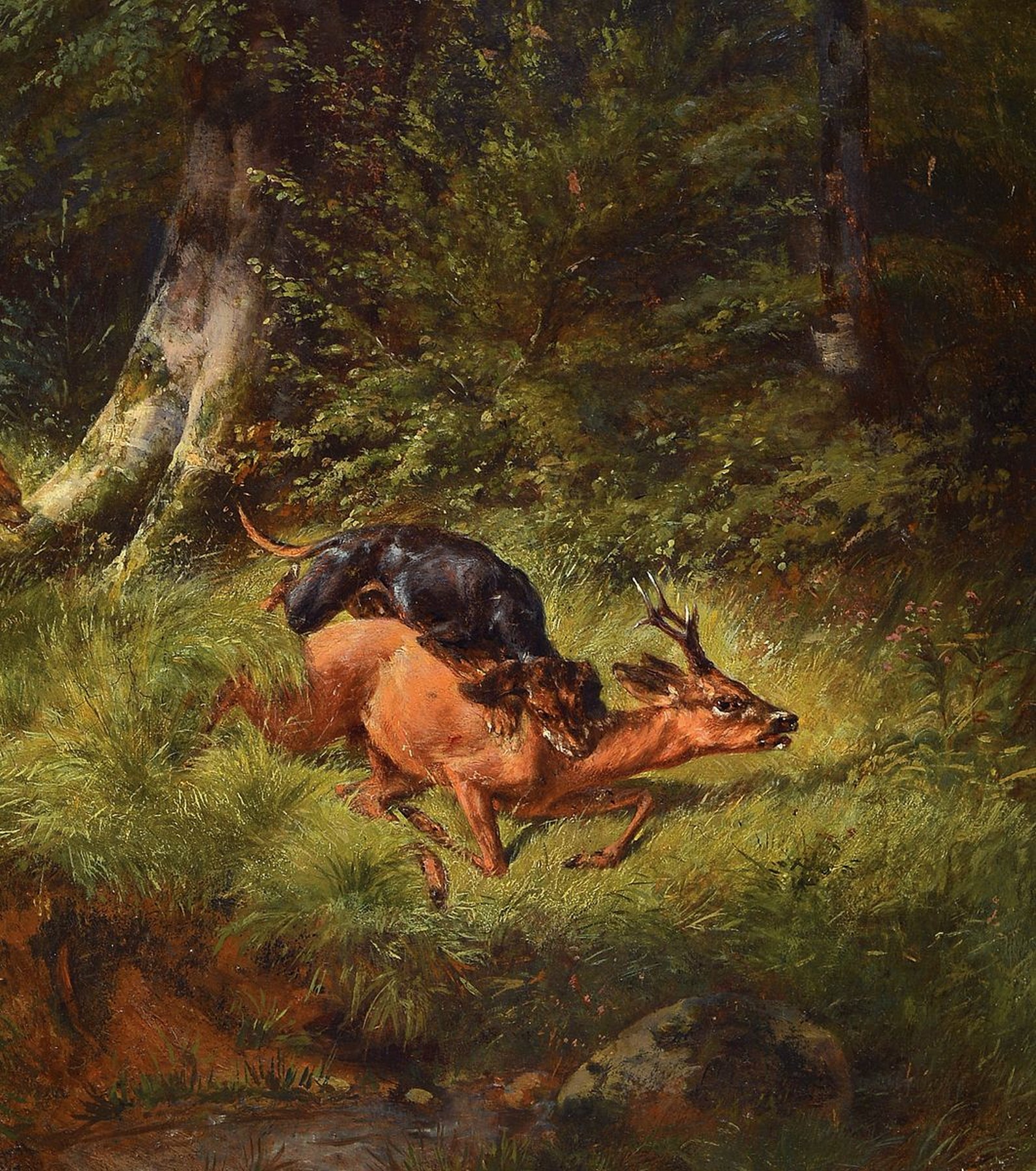 Jagdmaler der 2. Hälfte des 19. Jh., Jagdhund stellt einen Rehbock im Wald, Öl/Lwd, unsigniert, ca. 36x33cm, R. ca. 46x42cm