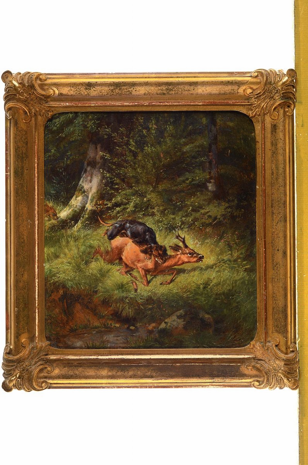 Detail k: Jagdmaler der 2. Hälfte des 19. Jh., Jagdhund stellt einen Rehbock im Wald, Öl/Lwd, unsigniert, ca. 36x33cm, R. ca. 46x42cm