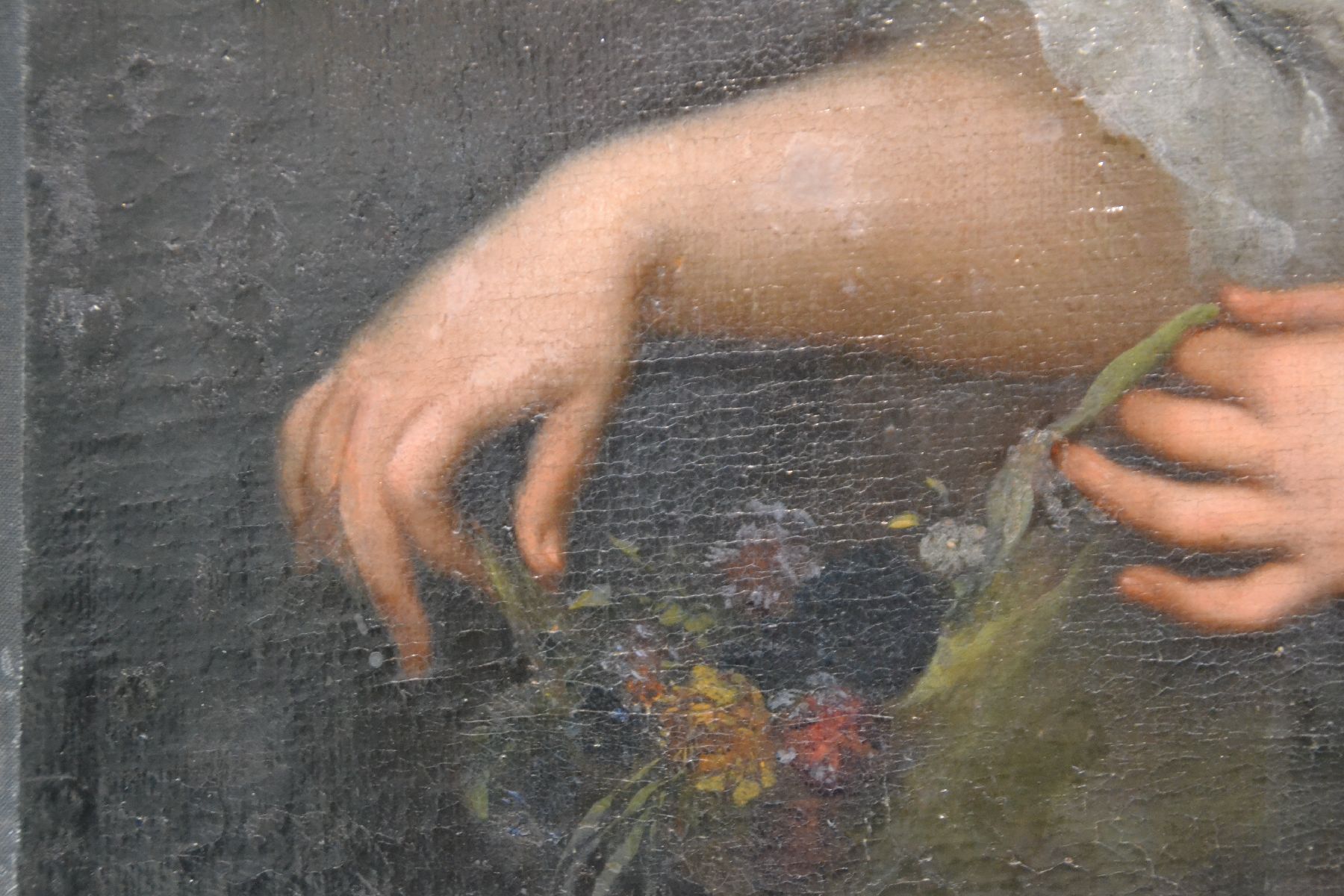 Detail f: Porträtist, deutsch, um 1780, feines Porträt einer jungen Dame mit Blumenbuketts im Haar, im Dekolleté und in der Hand, feine lasierende Malerei ...