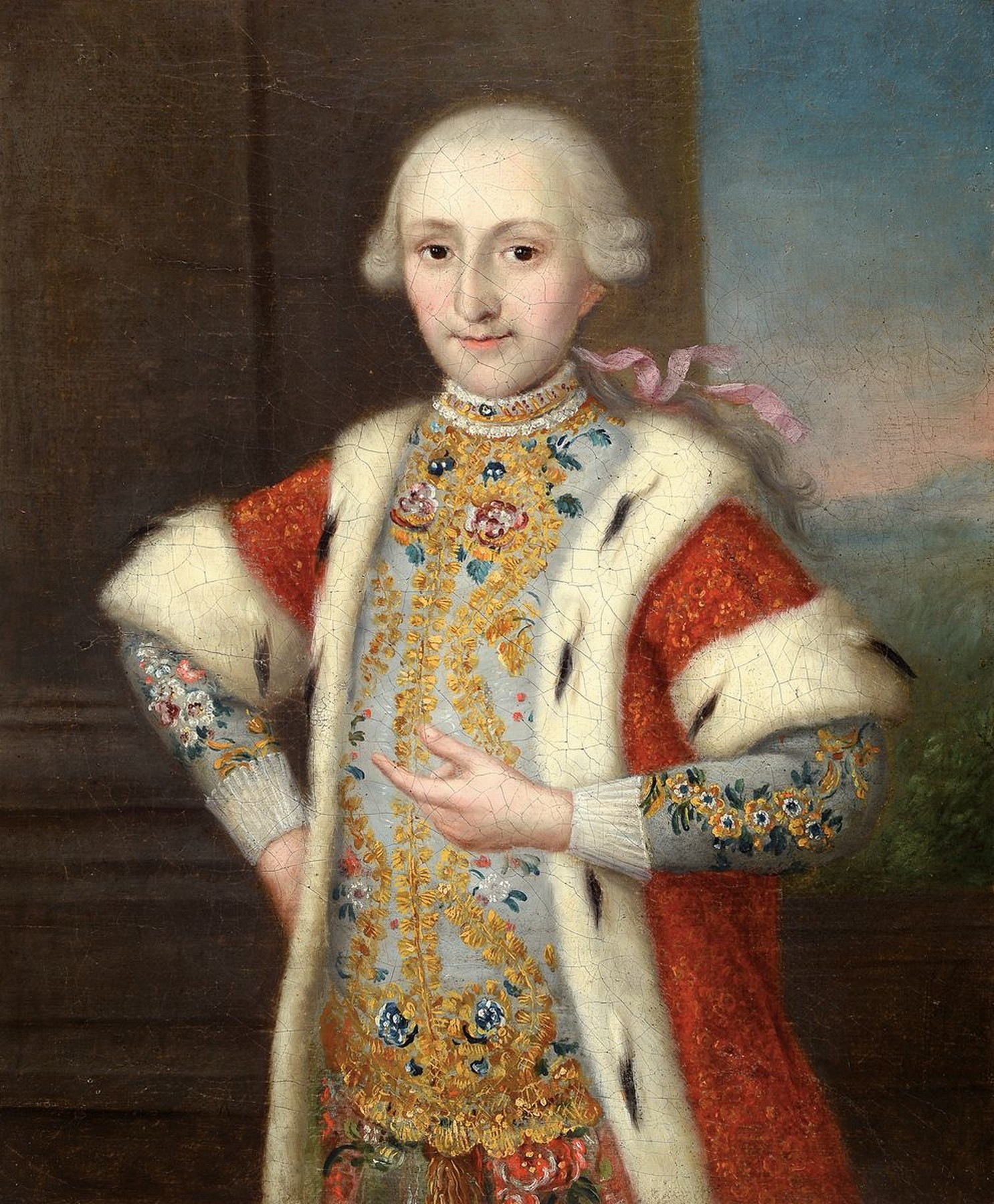 A. Sadeler, Porträtist, datiert 1767, Dreiviertelporträt eines jungen Herrschers mit Gold besticktem Rock und Hermelin besetztem rotem Umhang, vor ...