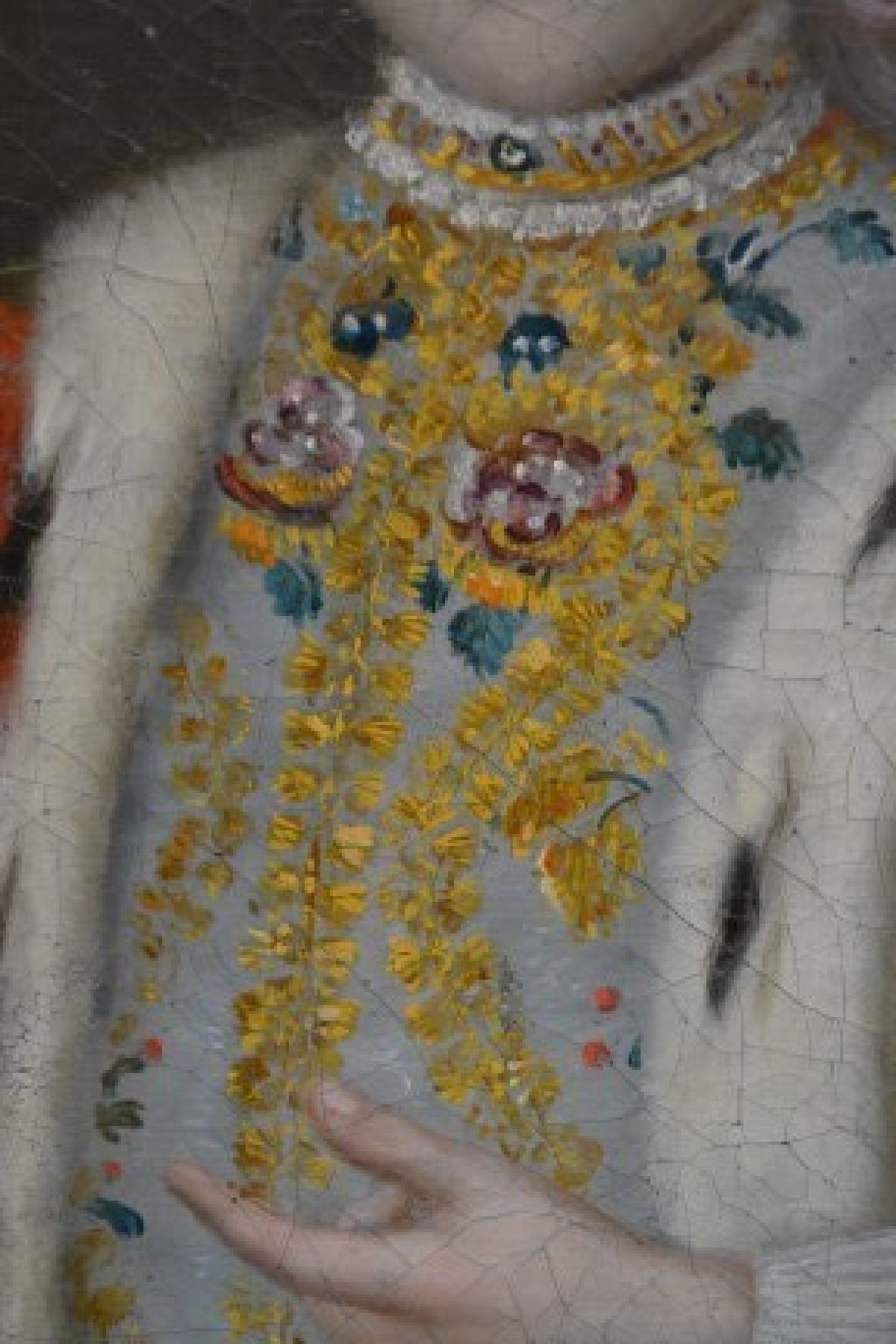 Detail e: A. Sadeler, Porträtist, datiert 1767, Dreiviertelporträt eines jungen Herrschers mit Gold besticktem Rock und Hermelin besetztem rotem Umhang, vor ...