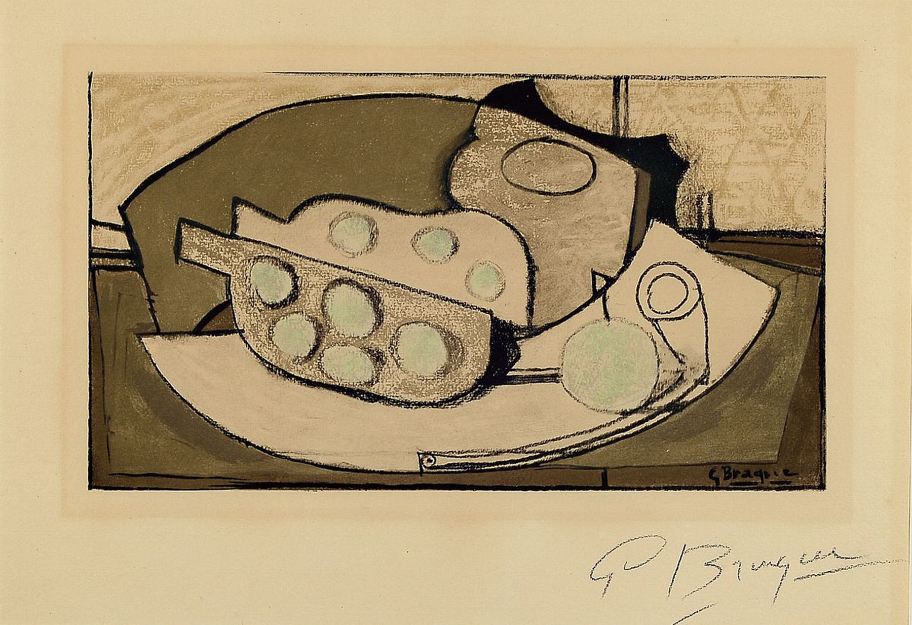 Georges Braque, 1882-1963, Stillleben, Farblithographie, im Druck signiert, rechts unten handsigniert, unter Glas gerahmt, gesamt ca. 60x69 cm