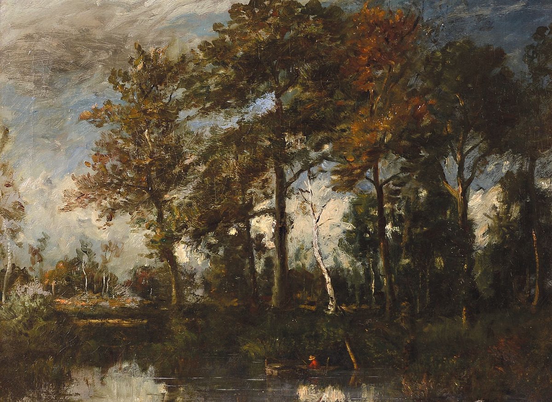 Revol o.ä., französischer Impressionist, Ende 19. Jh., Baum bestandener Kanal mit Angler im Boot, impressionistischer Einfluss der Barbizon-Schule, ...