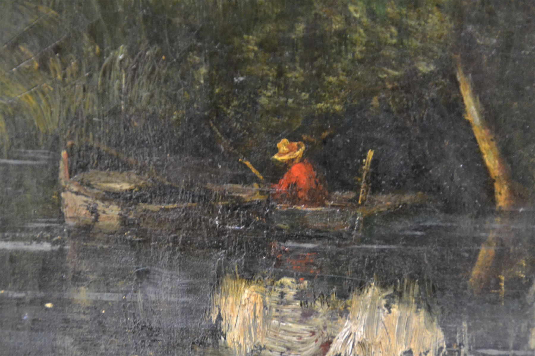 Detail c: Revol o.ä., französischer Impressionist, Ende 19. Jh., Baum bestandener Kanal mit Angler im Boot, impressionistischer Einfluss der Barbizon-Schule, ...